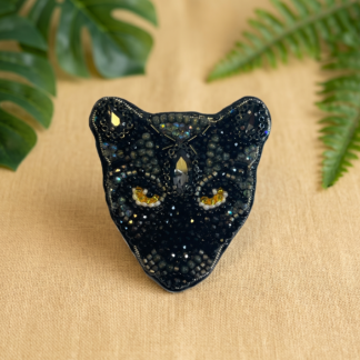 Handmade Black Panther Brooch, Hematite Cat Eye Stones, Beaded Animal Face Jewelry