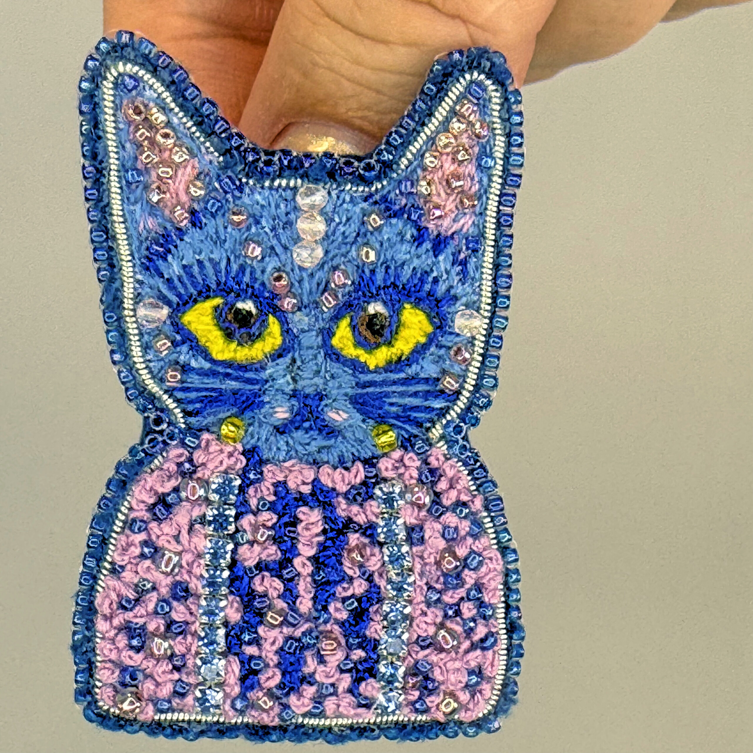 Hand-Embroidered Beaded Cat Brooch, Whimsical Animal Jewelry Gift - Image 3