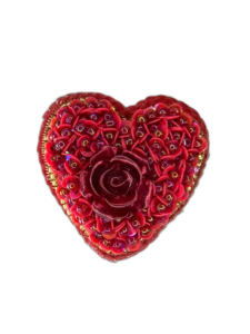 Deep Red Velvet Heart Brooch, Dark Red Sequin Heart Pin with Rose, Handmade Romantic Valentine Jewelry, Love Gift — lifestyle photo