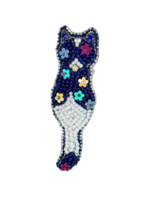 Navy Blue Cat Brooch Rainbow Sequins, Colorful Cat Silhouette Pin, Beaded Floral Cat, Handmade Unique Cat Jewelry — lifestyle photo