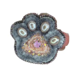 Grey Pink Paw Print Brooch, Pearl Paw Pin Crystal Bead, Handmade Animal Jewelry, Unique Cat Dog Lover Gift — lifestyle photo