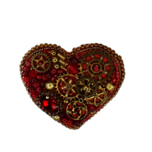 Red Steampunk Heart Brooch Prominent Gears, Vintage Clockwork Valentine Pin, Handmade Mechanical Heart Jewelry Gift — lifestyle photo