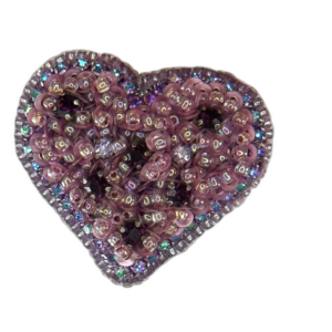 Purple Iridescent Heart Brooch, Mauve Sequin Beaded Heart Pin, Handmade Romantic Purple Jewelry, Valentine Love Gift — lifestyle photo