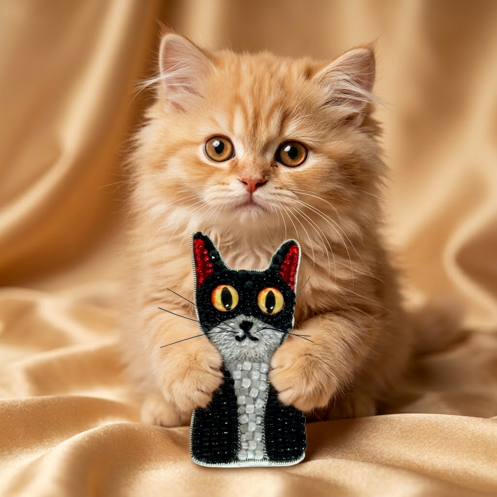 Black and White Tuxedo Cat Brooch with Red Ears, Beaded Kitten Pin, Handmade Embroidered Cat Jewelry, Whimsical Animal Brooch, Unique Cat Lover Gift, Hand-Stitched Kitten Accessory, P.S. Jewelry