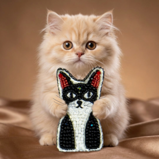 Tuxedo Cat Face Brooch Black White, Beaded Kitten Pin Red Ears, Handmade Embroidered Cat Jewelry, Cat Lover Gift