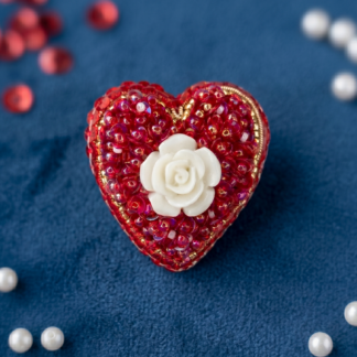 Red Heart Brooch with White Rose, Beaded Sequin Pin, Romantic Accessory