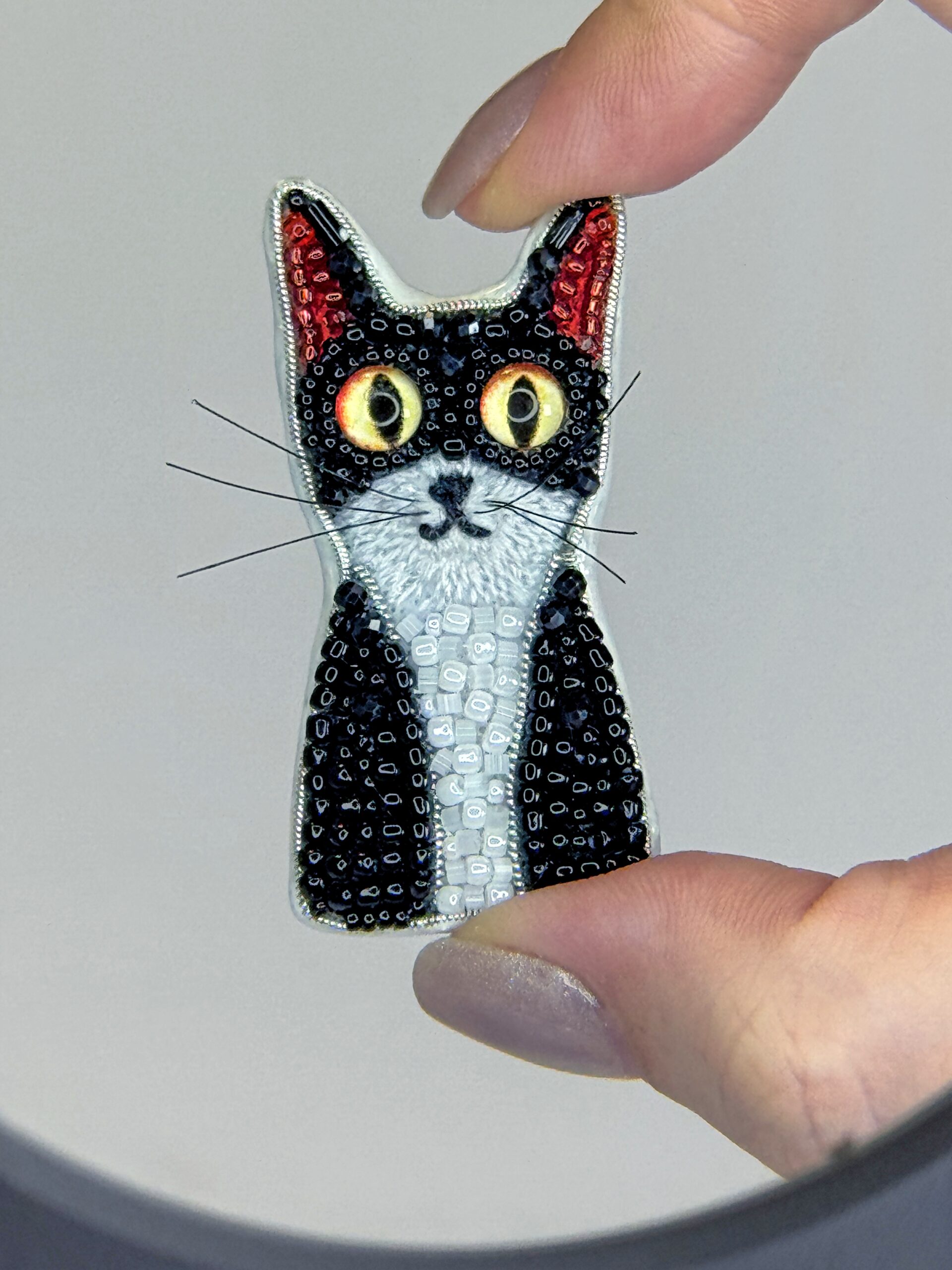 Hand Embroidered Beaded Cat Brooch, Whimsical Animal Jewelry Gift - Image 3