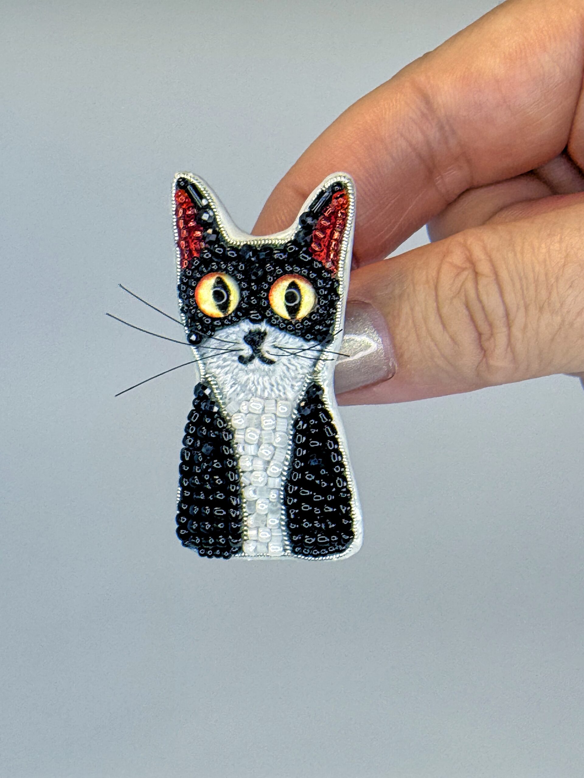 Hand Embroidered Beaded Cat Brooch, Whimsical Animal Jewelry Gift - Image 5