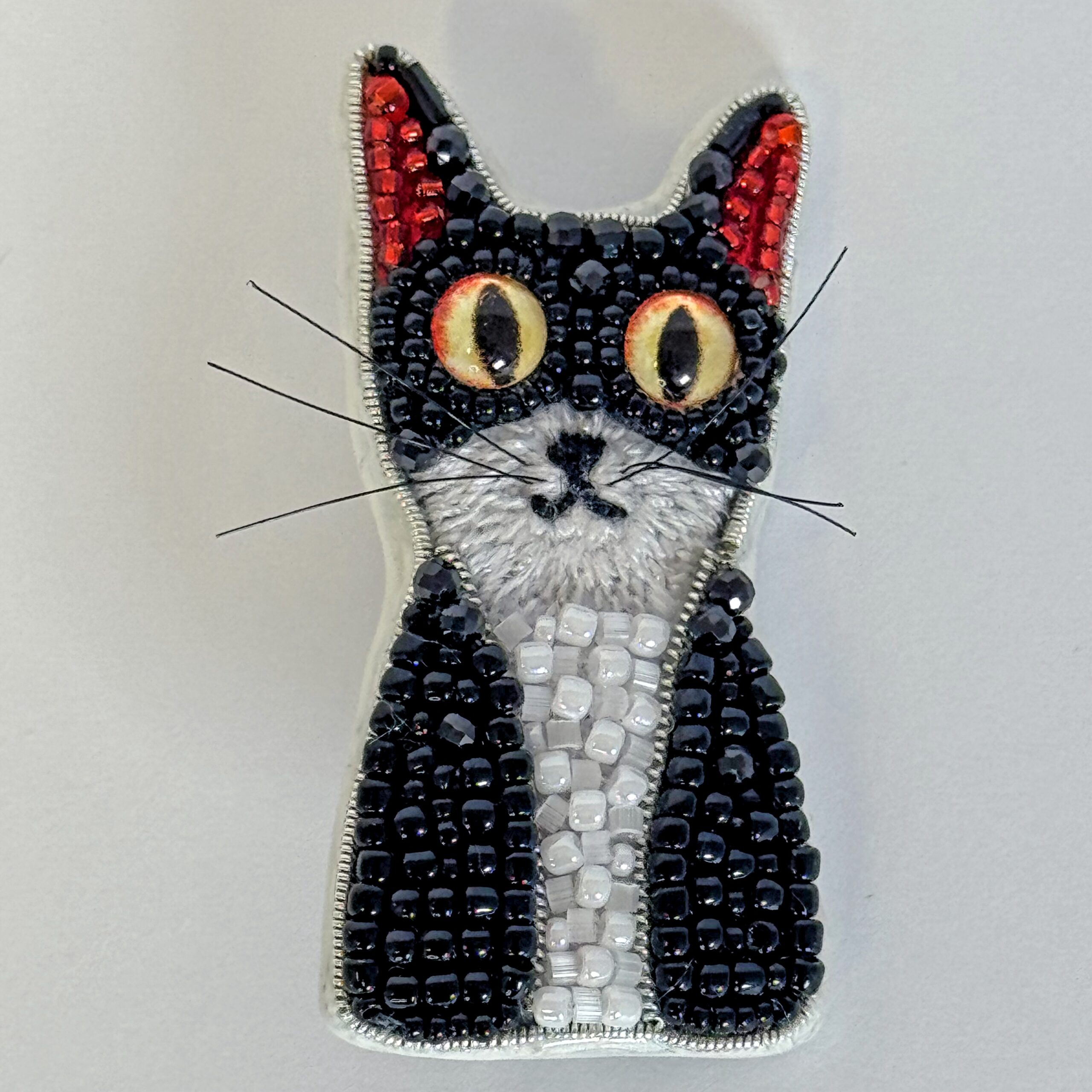 Black and White Tuxedo Cat Brooch with Red Ears, Beaded Kitten Pin, Handmade Embroidered Cat Jewelry, Whimsical Animal Brooch, Unique Cat Lover Gift, Hand-Stitched Kitten Accessory, P.S. Jewelry — view 8