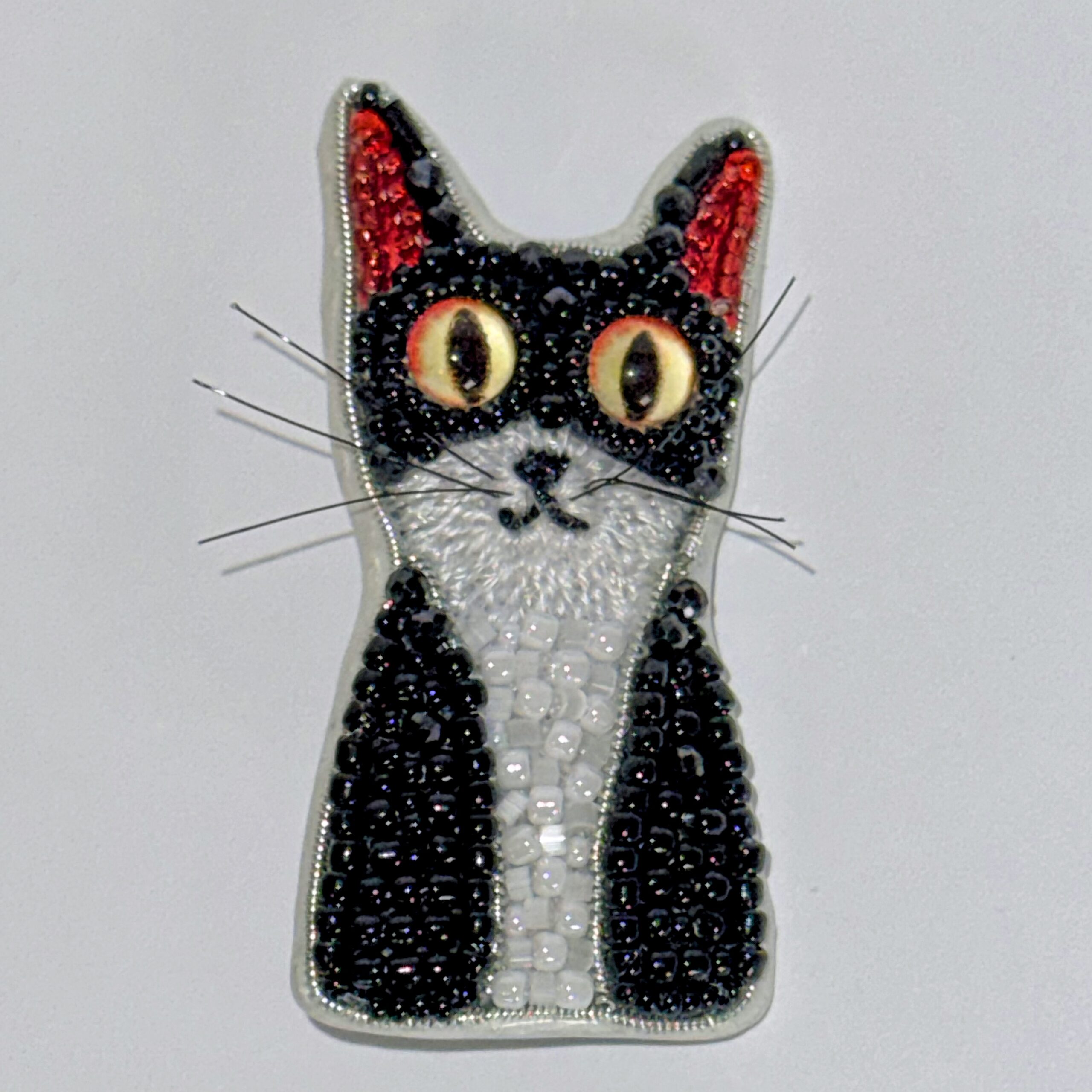 Black and White Tuxedo Cat Brooch with Red Ears, Beaded Kitten Pin, Handmade Embroidered Cat Jewelry, Whimsical Animal Brooch, Unique Cat Lover Gift, Hand-Stitched Kitten Accessory, P.S. Jewelry — view 9