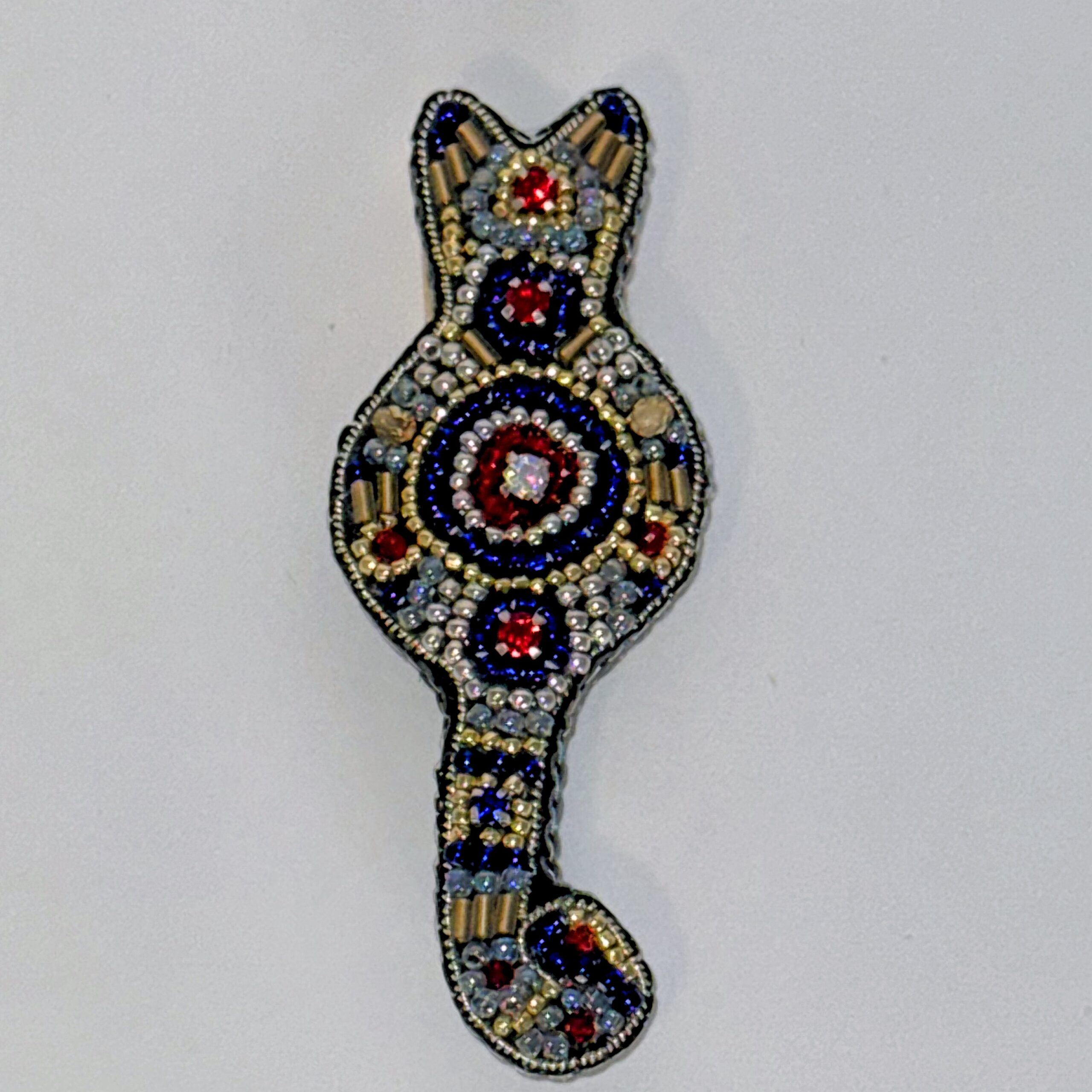Royal Blue and Gold Cat Brooch, Beaded Animal Pin with Red Rhinestone, Whimsical Cat Lover Gift, Handmade Embroidered Jewelry, P.S. Jewelry — view 1