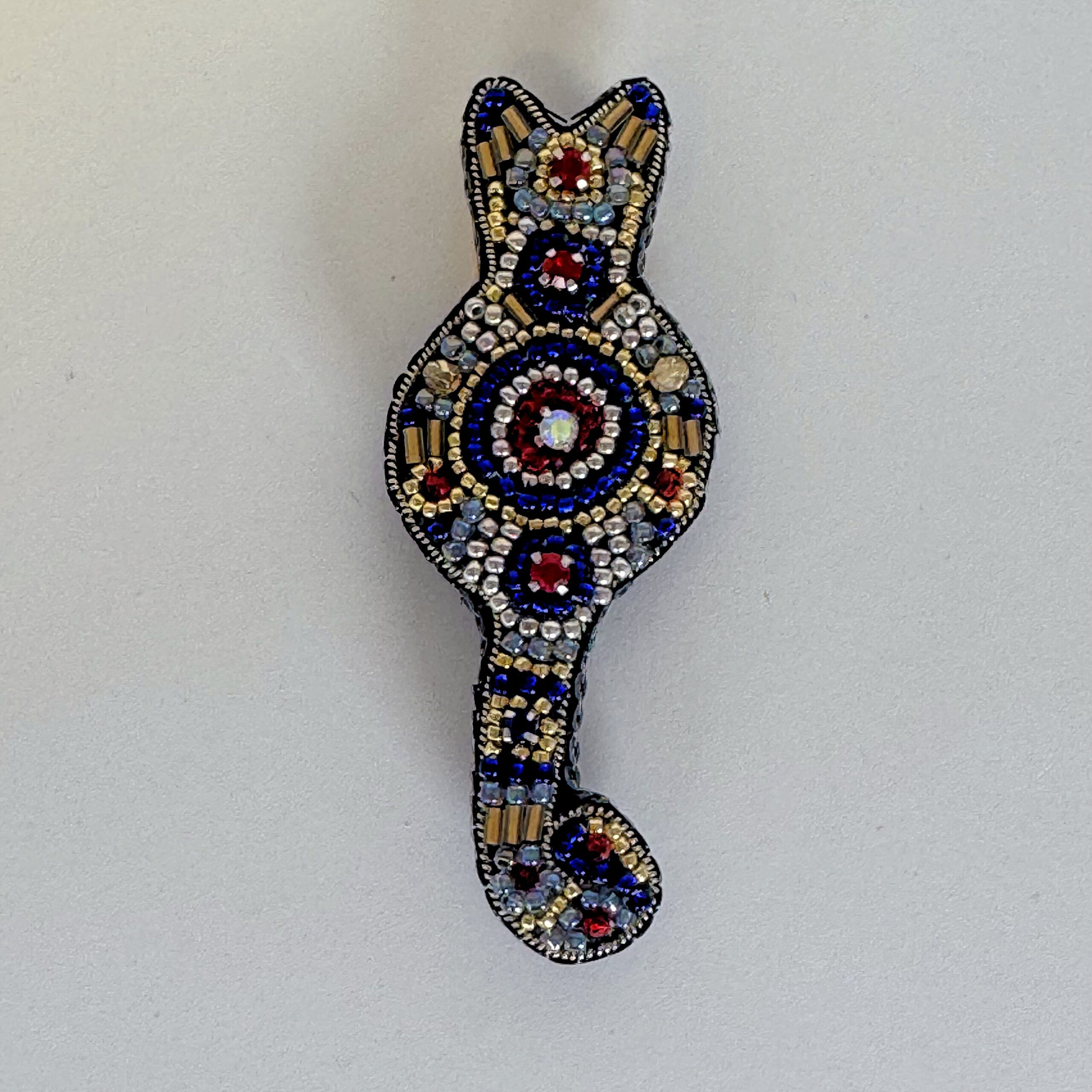 Royal Blue and Gold Cat Brooch, Beaded Animal Pin with Red Rhinestone, Whimsical Cat Lover Gift, Handmade Embroidered Jewelry, P.S. Jewelry — view 3