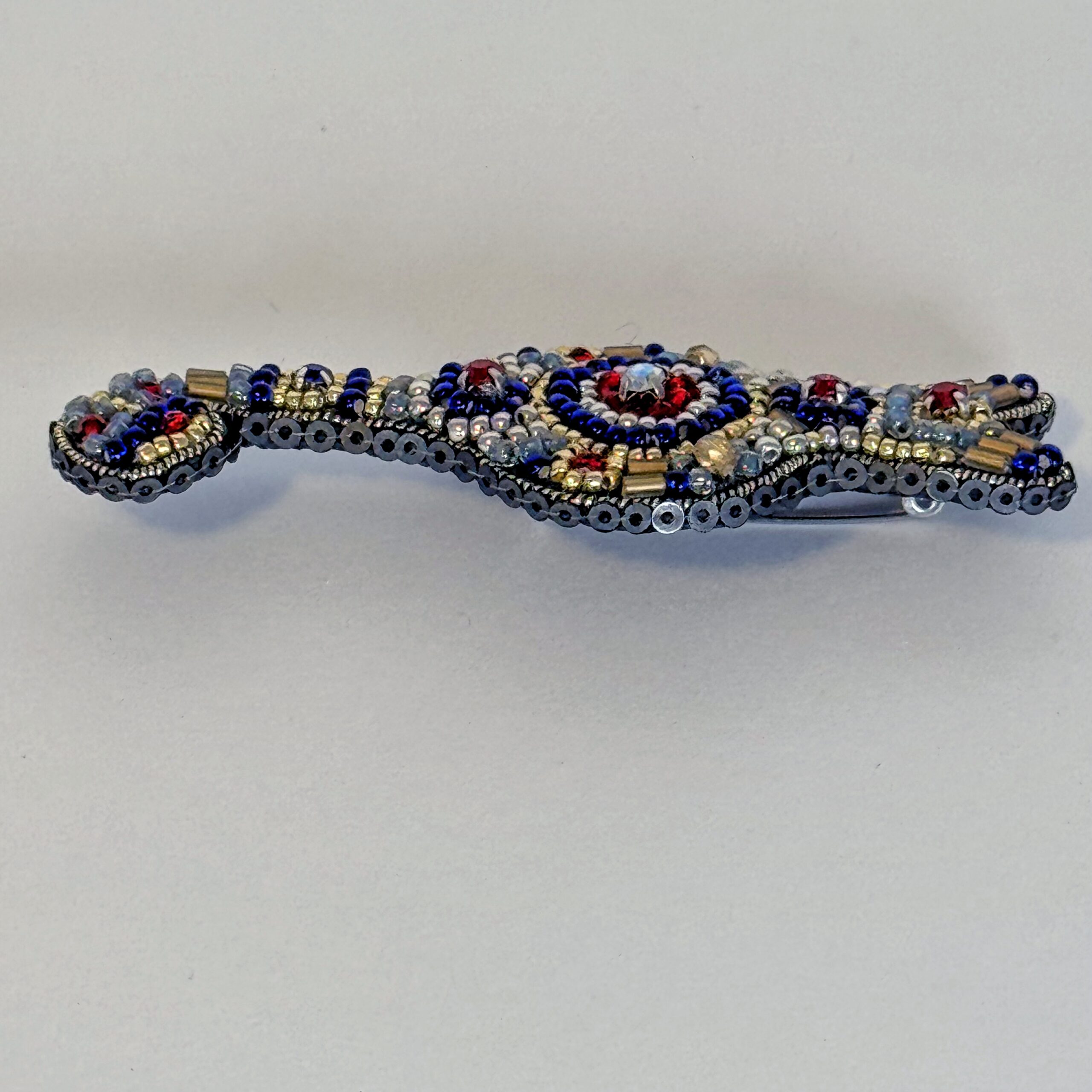 Royal Blue and Gold Cat Brooch, Beaded Animal Pin with Red Rhinestone, Whimsical Cat Lover Gift, Handmade Embroidered Jewelry, P.S. Jewelry — view 5