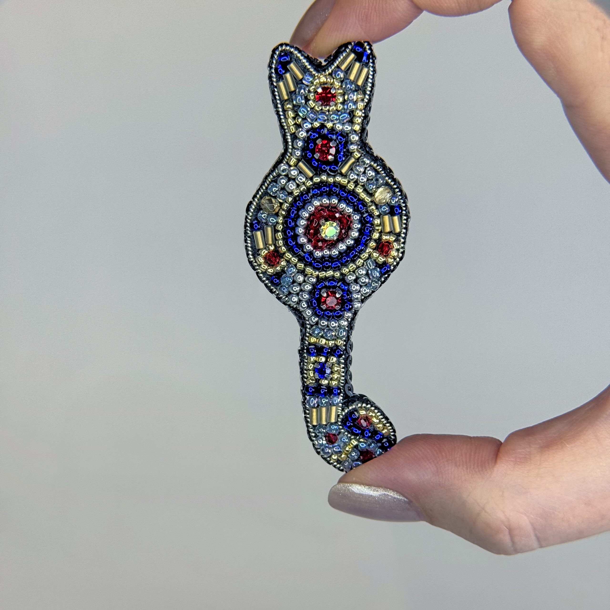 Royal Blue and Gold Cat Brooch, Beaded Animal Pin with Red Rhinestone, Whimsical Cat Lover Gift, Handmade Embroidered Jewelry, P.S. Jewelry — view 9