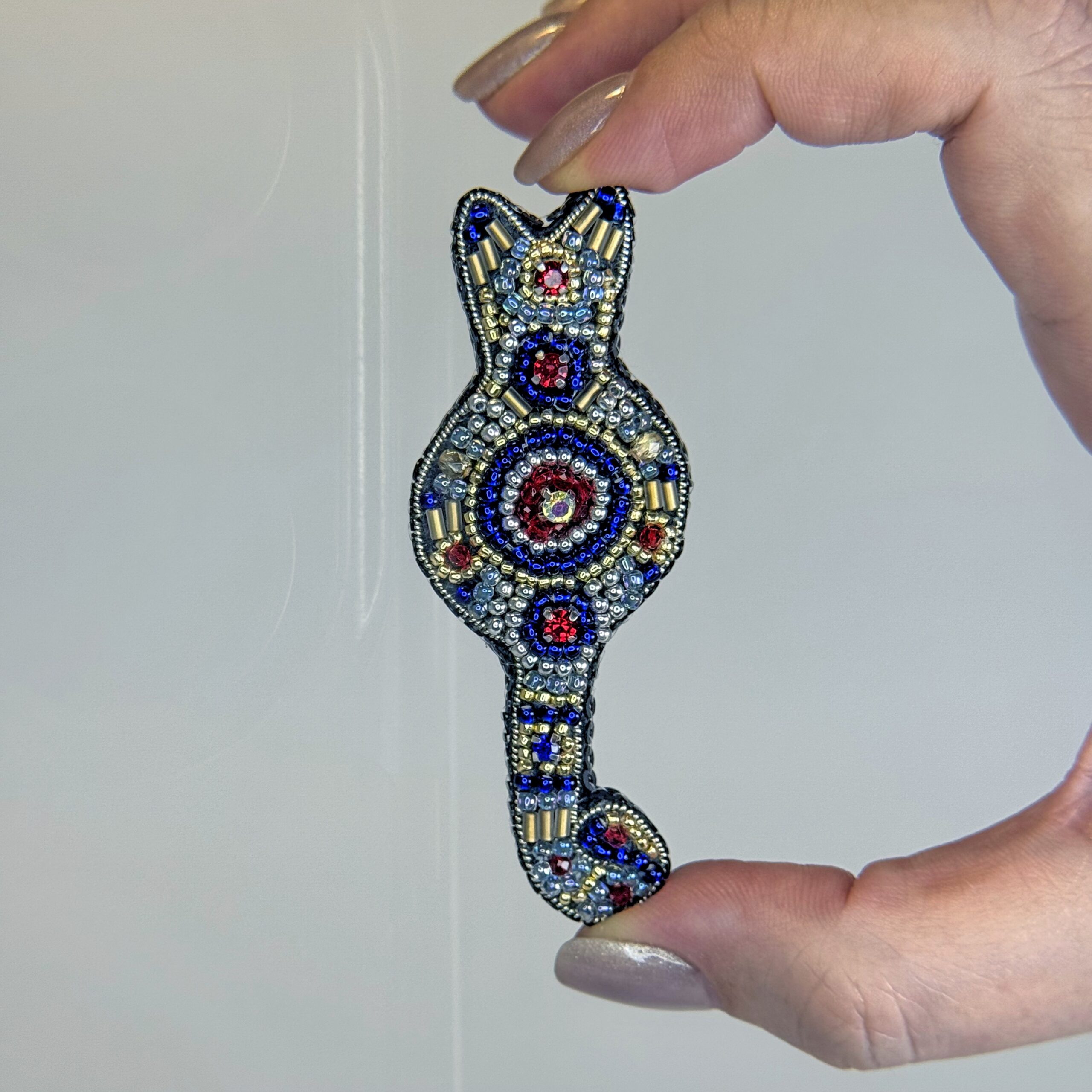 Royal Blue and Gold Cat Brooch, Beaded Animal Pin with Red Rhinestone, Whimsical Cat Lover Gift, Handmade Embroidered Jewelry, P.S. Jewelry — view 10