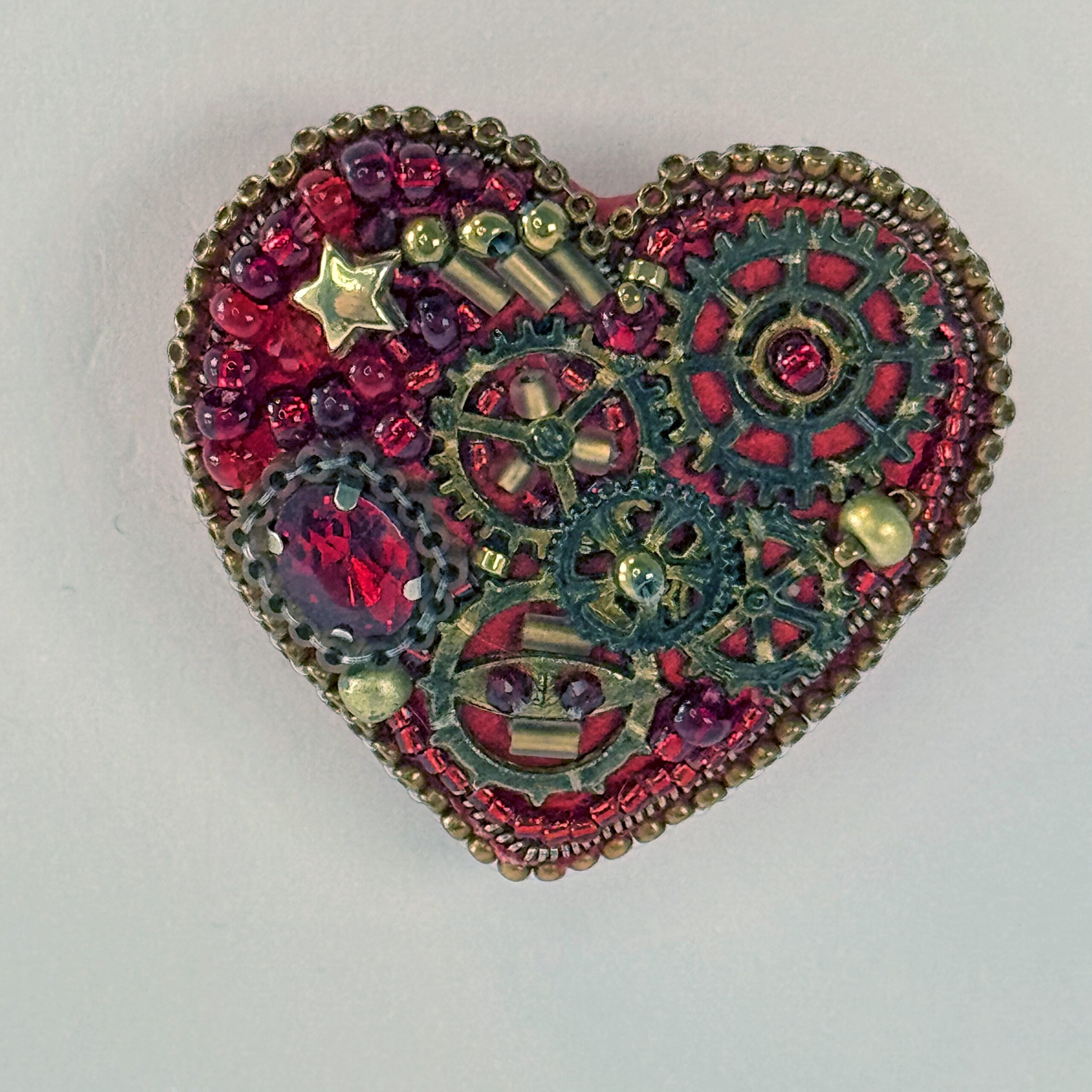 Red Steampunk Heart Brooch with Gears, Clockwork Valentine Pin, Handmade Mechanical Heart Jewelry, Unique Gift — view 1