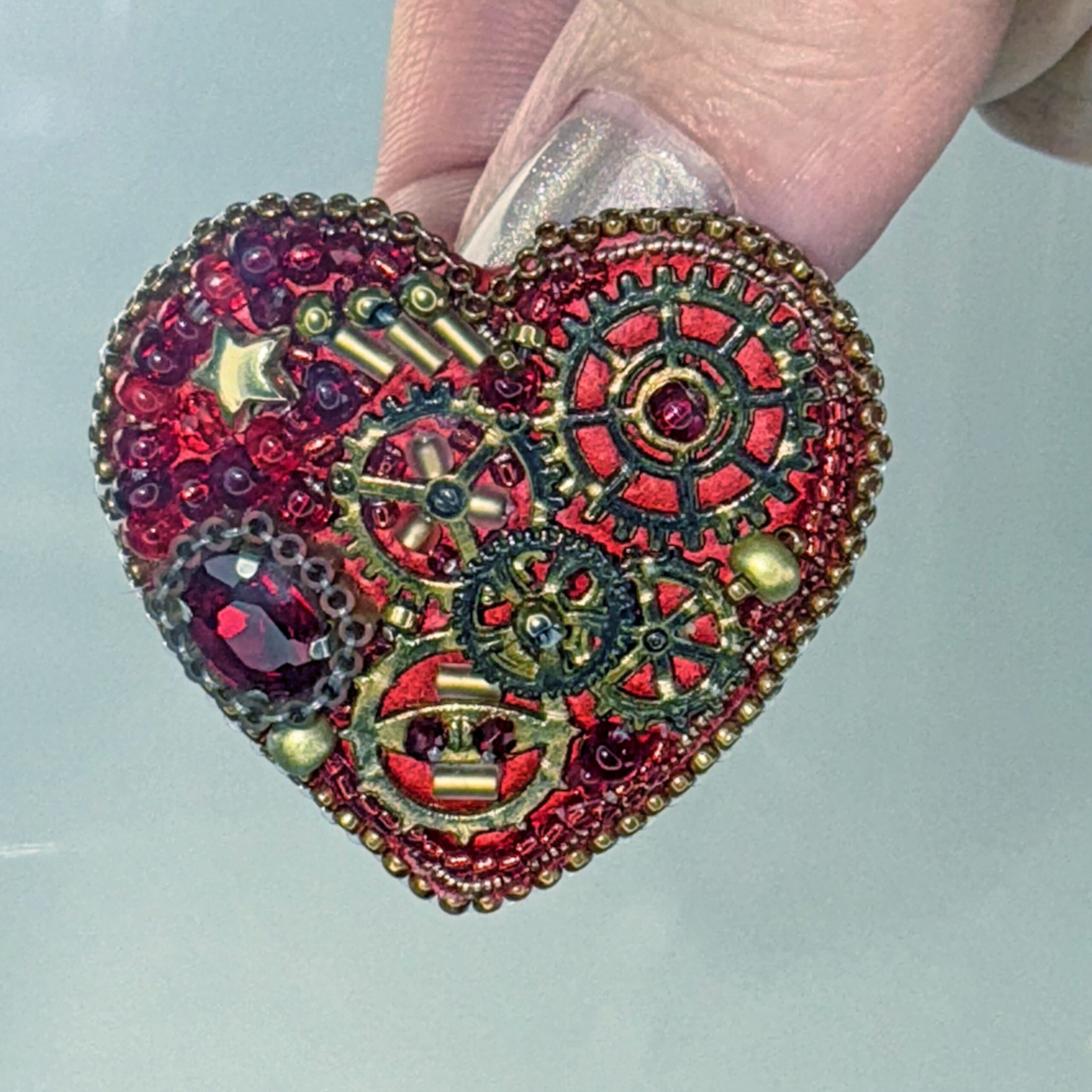 Red Steampunk Heart Brooch with Gears, Clockwork Valentine Pin, Handmade Mechanical Heart Jewelry, Unique Gift — view 4
