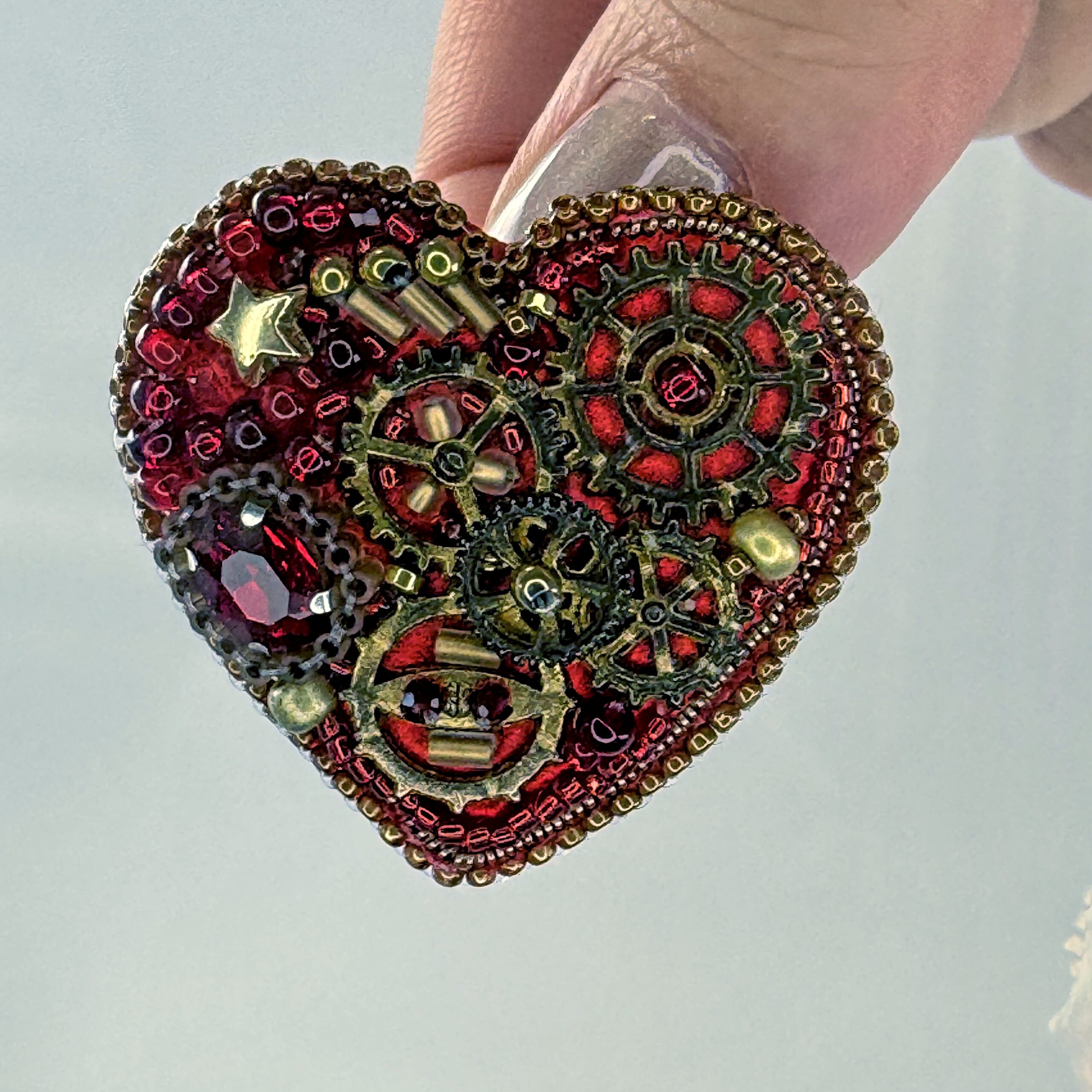 Red Steampunk Heart Brooch with Gears, Clockwork Valentine Pin, Handmade Mechanical Heart Jewelry, Unique Gift — view 5