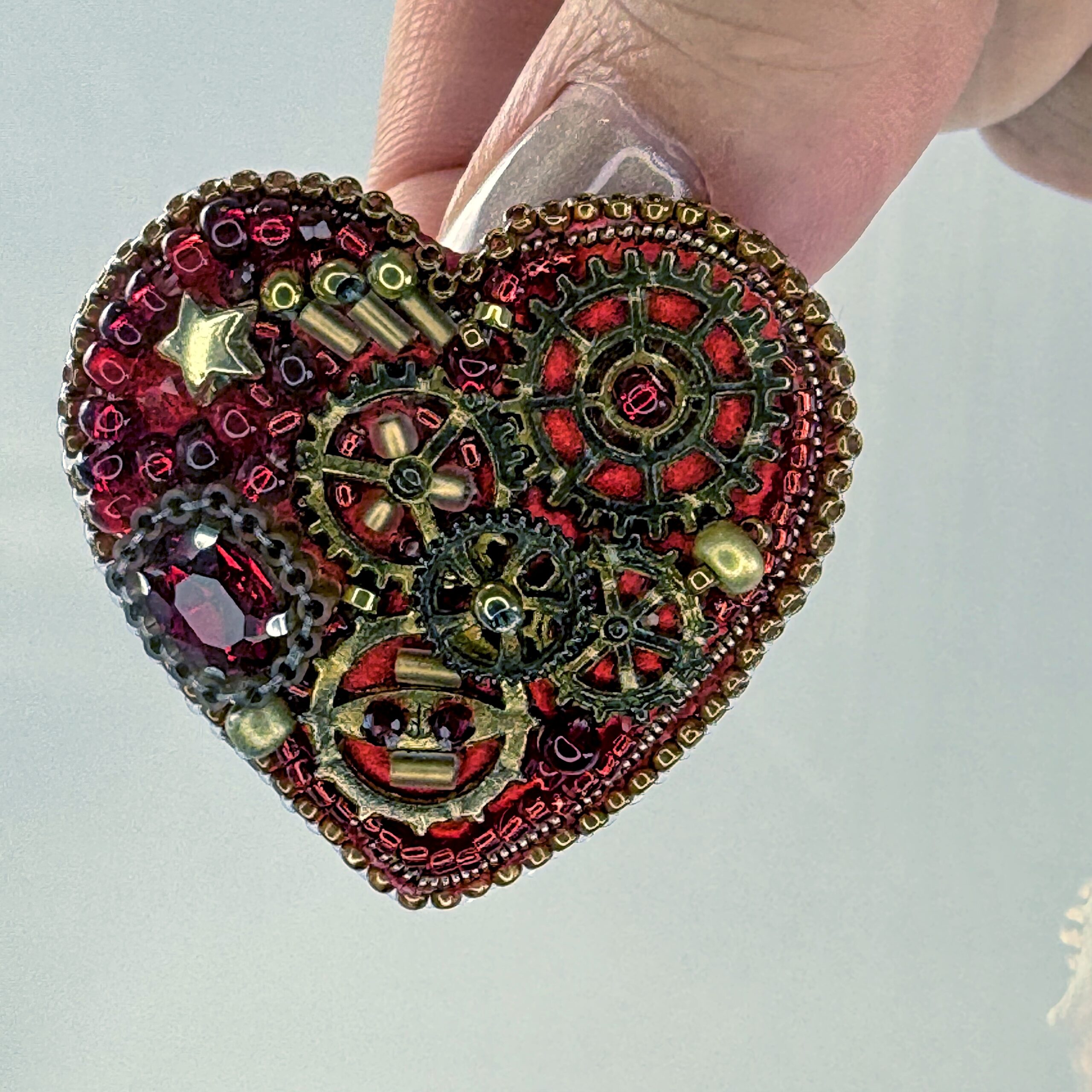 Red Steampunk Heart Brooch with Gears, Clockwork Valentine Pin, Handmade Mechanical Heart Jewelry, Unique Gift — view 6