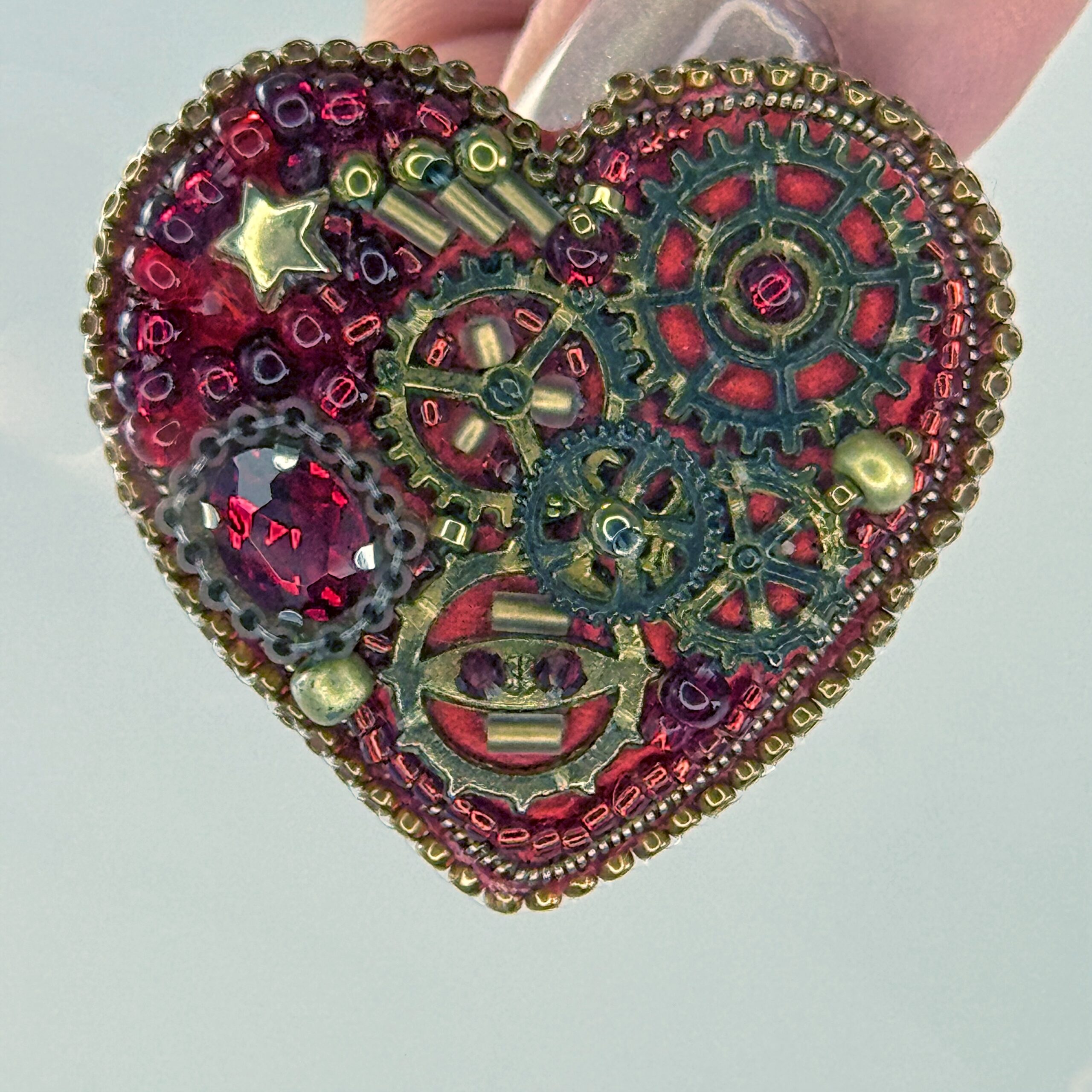 Red Steampunk Heart Brooch with Gears, Clockwork Valentine Pin, Handmade Mechanical Heart Jewelry, Unique Gift — view 7