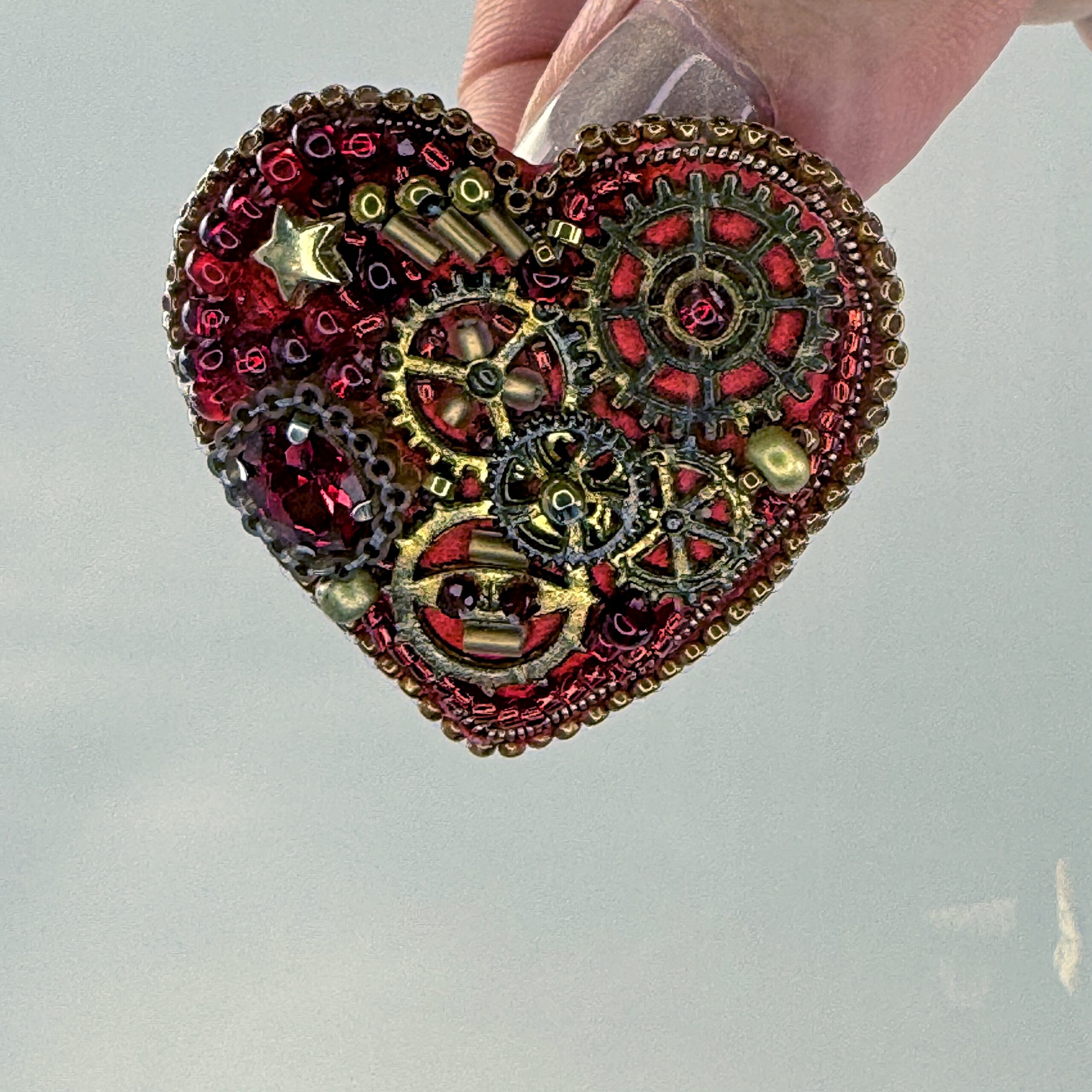 Red Steampunk Heart Brooch with Gears, Clockwork Valentine Pin, Handmade Mechanical Heart Jewelry, Unique Gift — view 8