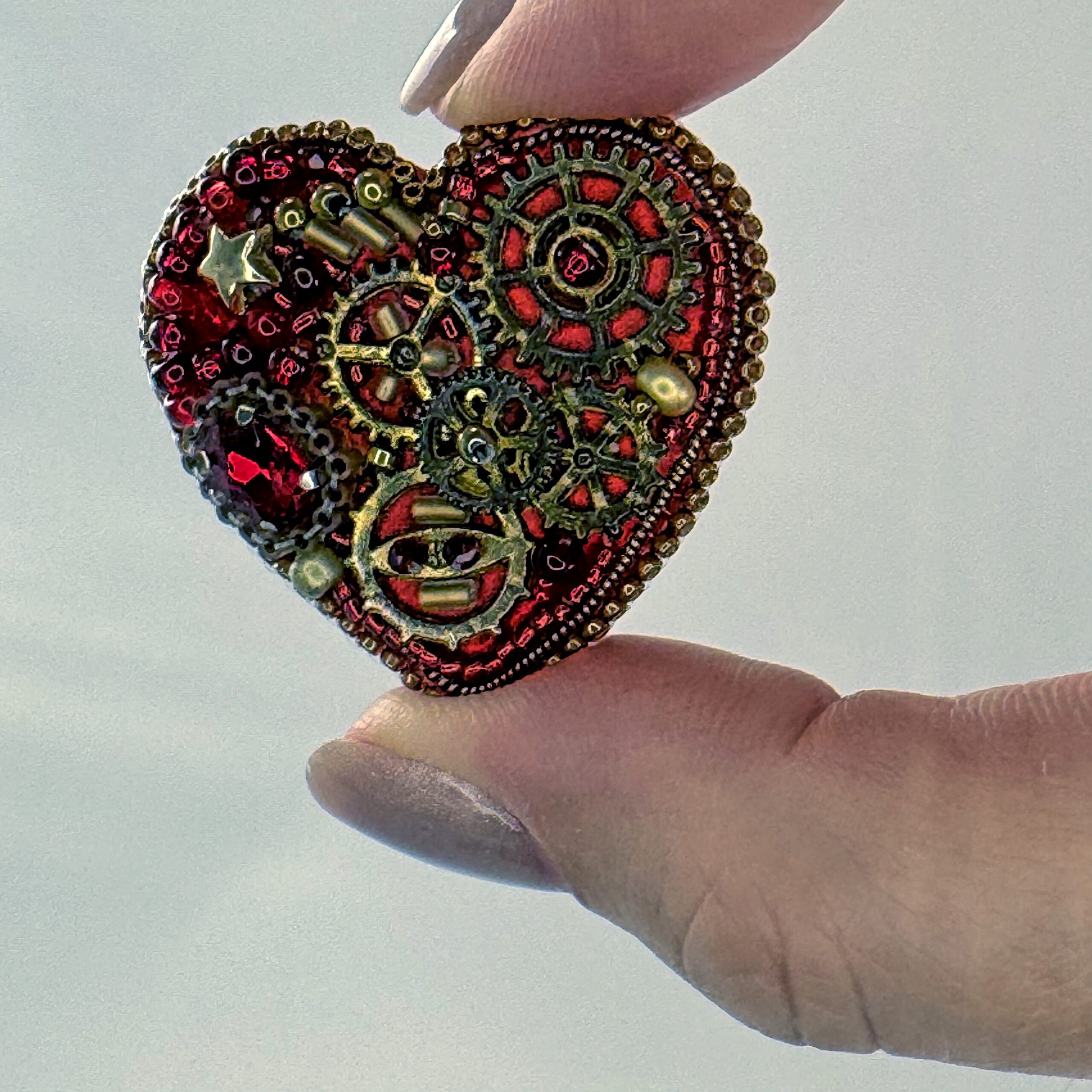 Red Steampunk Heart Brooch with Gears, Clockwork Valentine Pin, Handmade Mechanical Heart Jewelry, Unique Gift — view 9