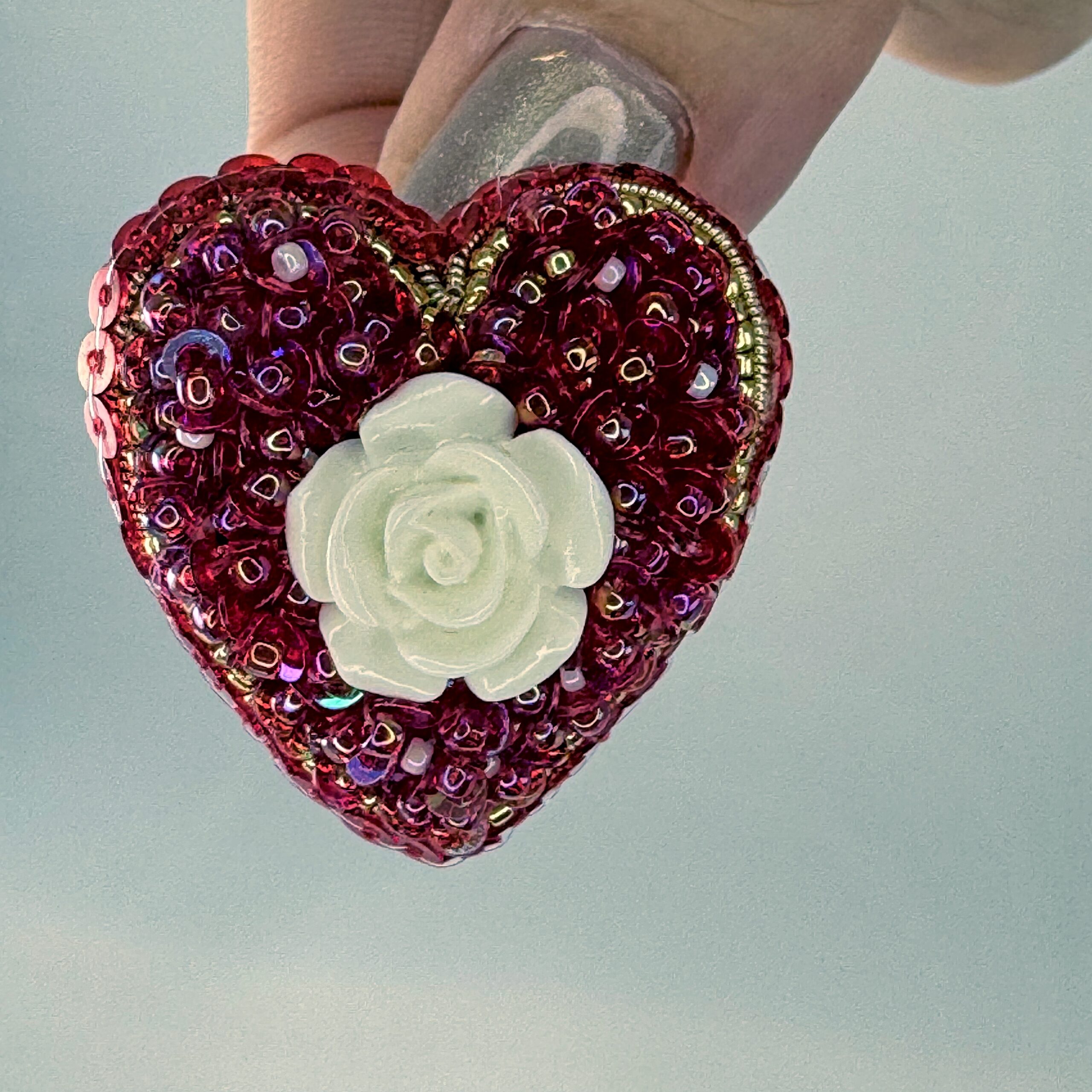 Red Heart Brooch Small with White Rose, Sequin Heart Pin, Handmade Romantic Valentine Jewelry, Love Gift for Her — view 6