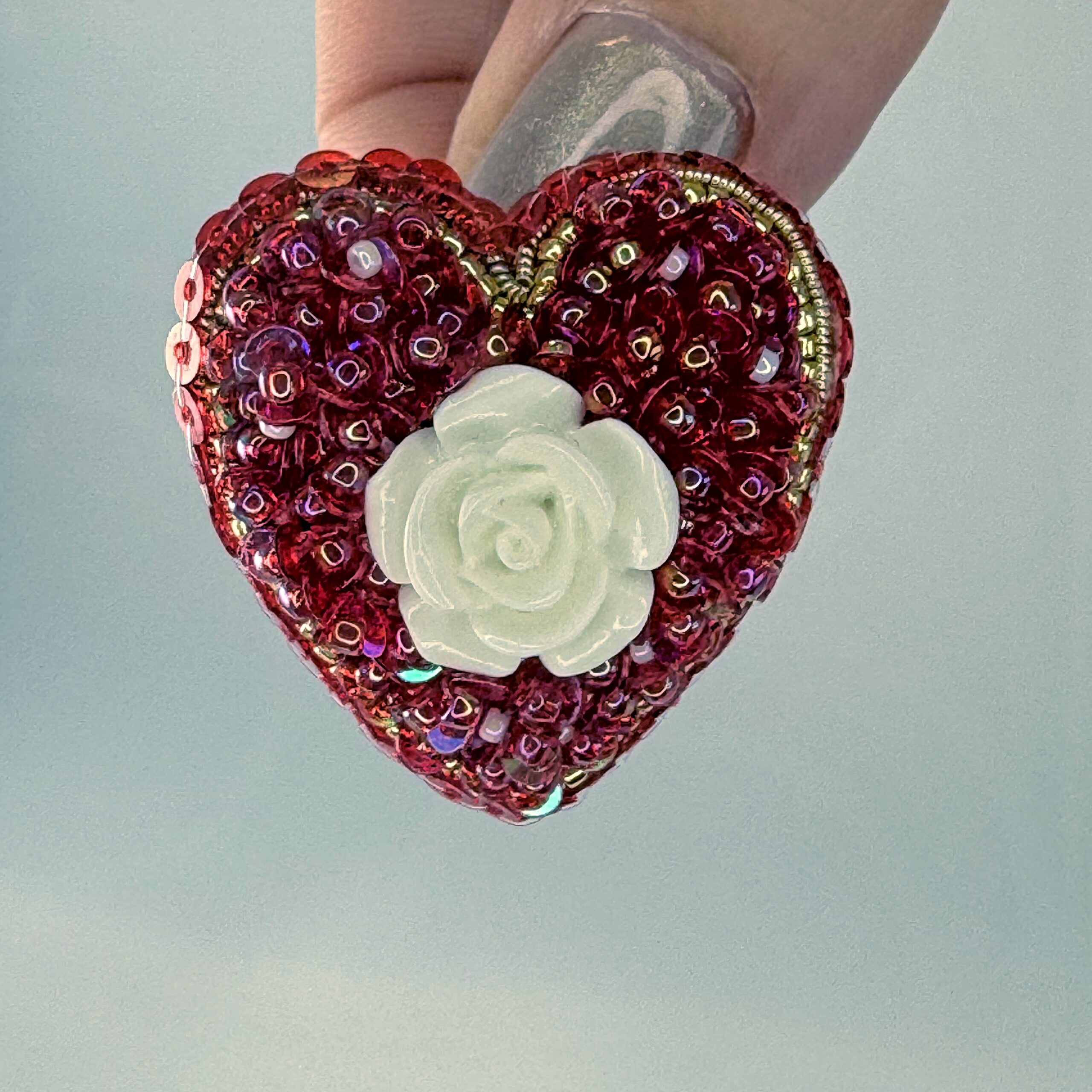 Red Heart Brooch Small with White Rose, Sequin Heart Pin, Handmade Romantic Valentine Jewelry, Love Gift for Her — view 7