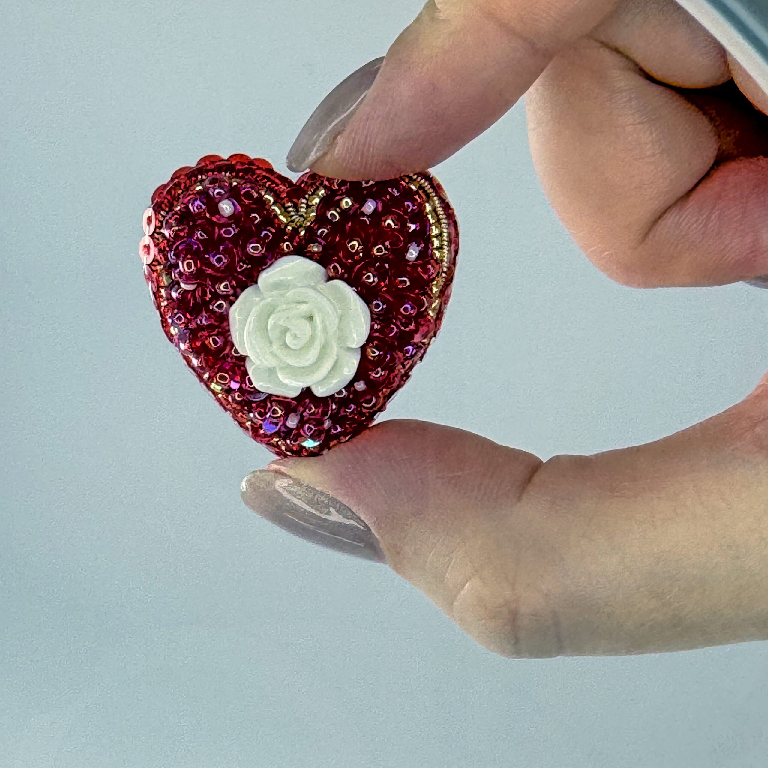 Red Heart Brooch Small with White Rose, Sequin Heart Pin, Handmade Romantic Valentine Jewelry, Love Gift for Her — view 10