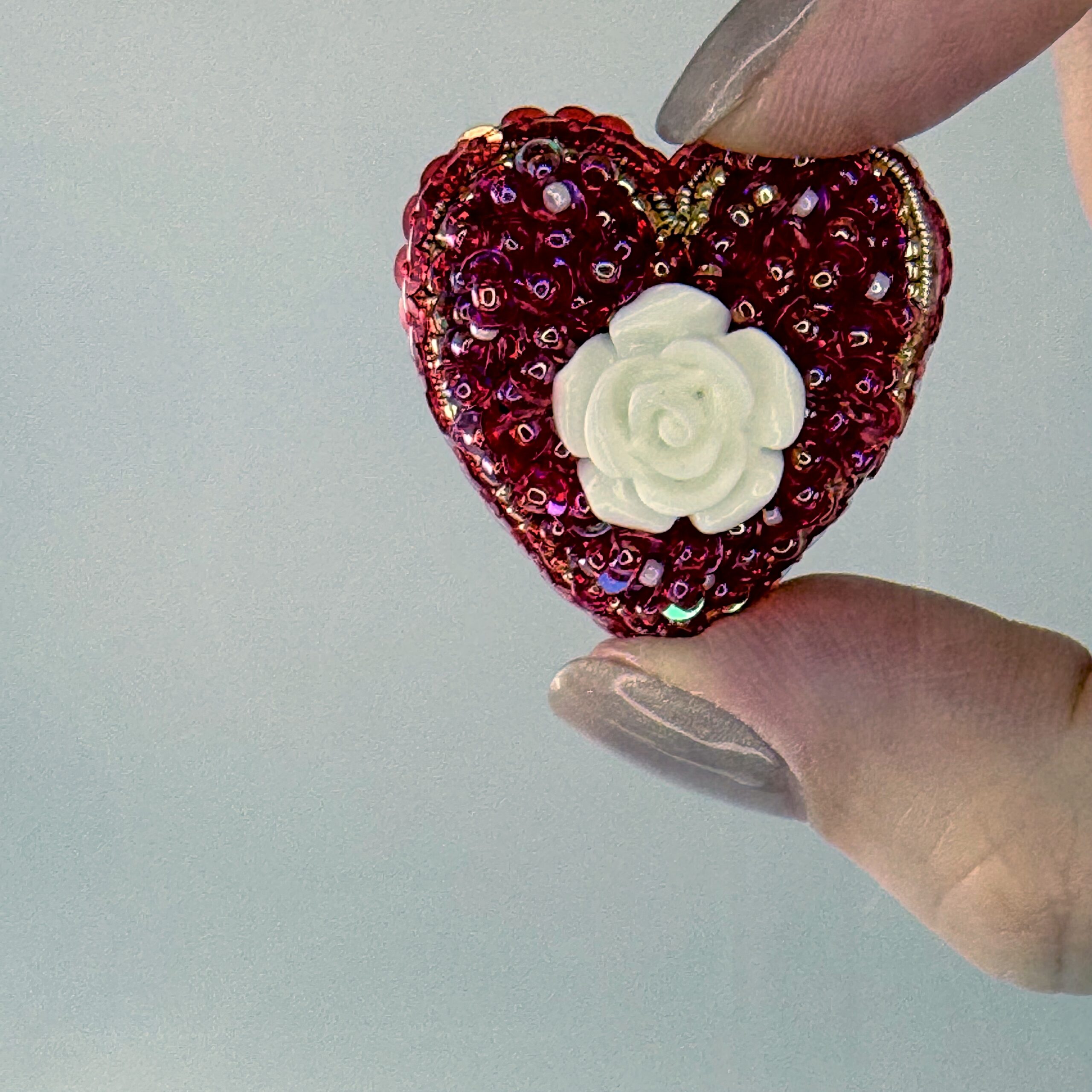 Red Heart Brooch with White Rose, Beaded Sequin Pin, Romantic Accessory - Image 3
