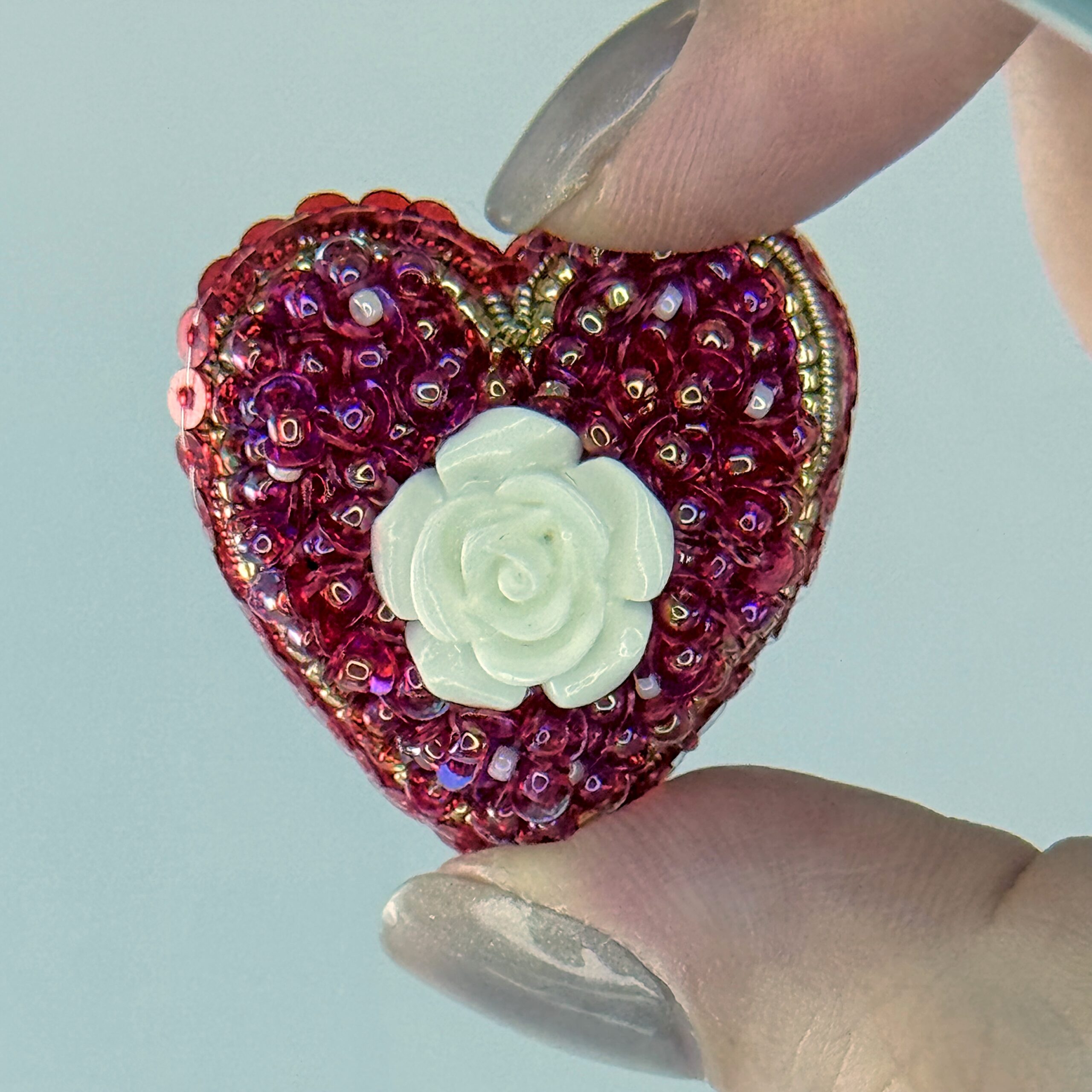 Red Heart Brooch with White Rose, Beaded Sequin Pin, Romantic Accessory - Image 4