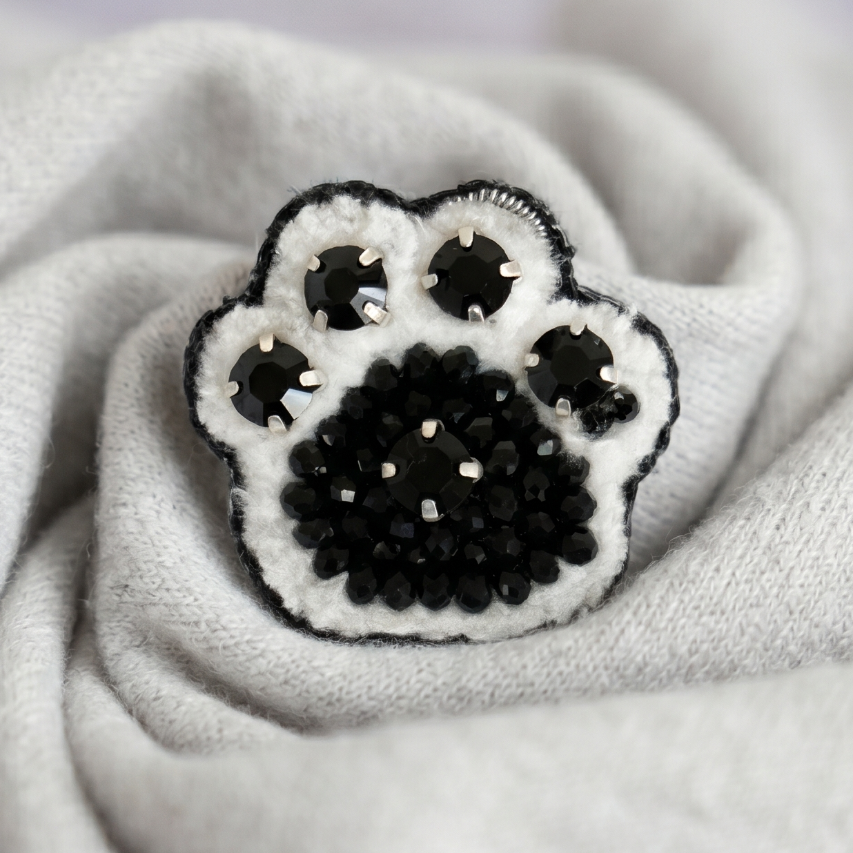 Black White Paw Brooch, Crystal Embellished, Plush Yarn Accent, Animal Lover Gift - Image 2