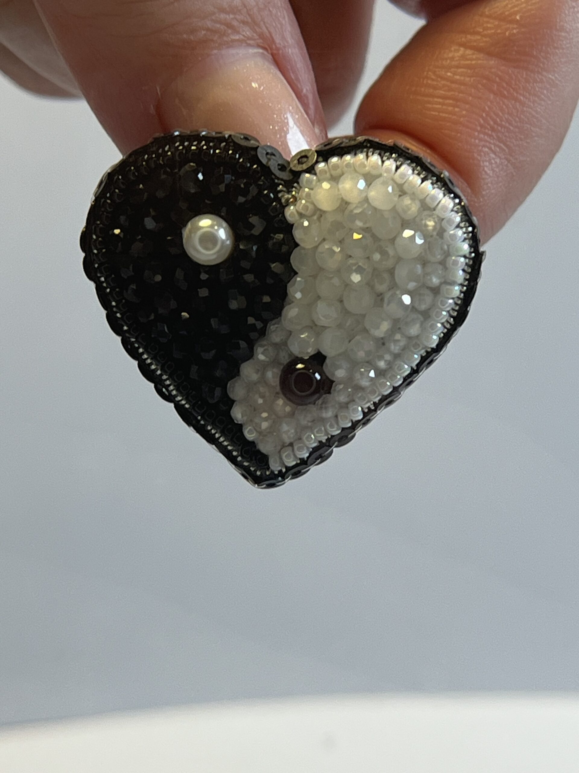Yin Yang Heart Brooch Black White Small, Balance Heart Pin Crystal Bead, Handmade Zen Harmony Jewelry, Spiritual Gift - Image 3