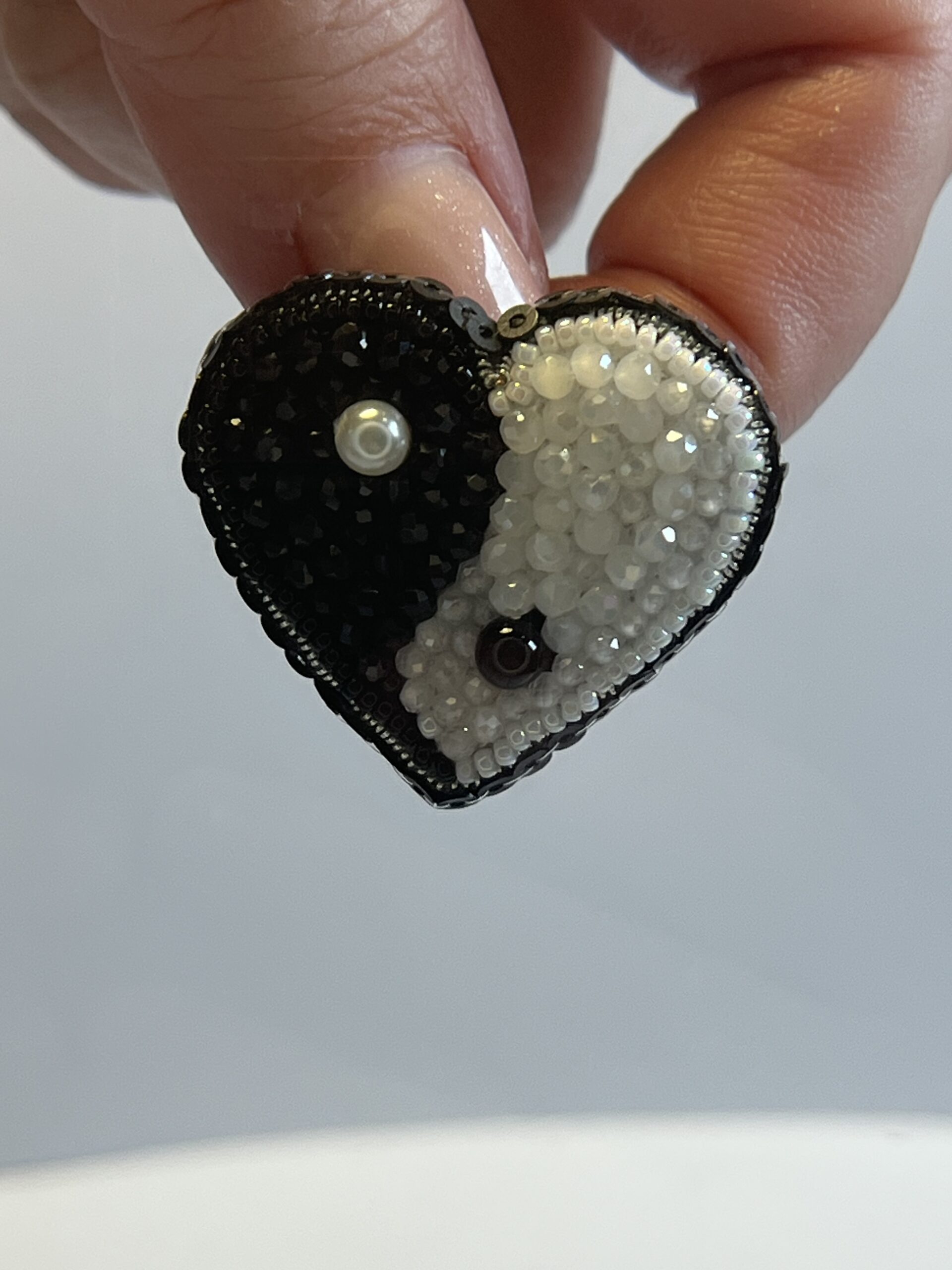 Yin Yang Heart Brooch Black White Small, Balance Heart Pin Crystal Bead, Handmade Zen Harmony Jewelry, Spiritual Gift - Image 5