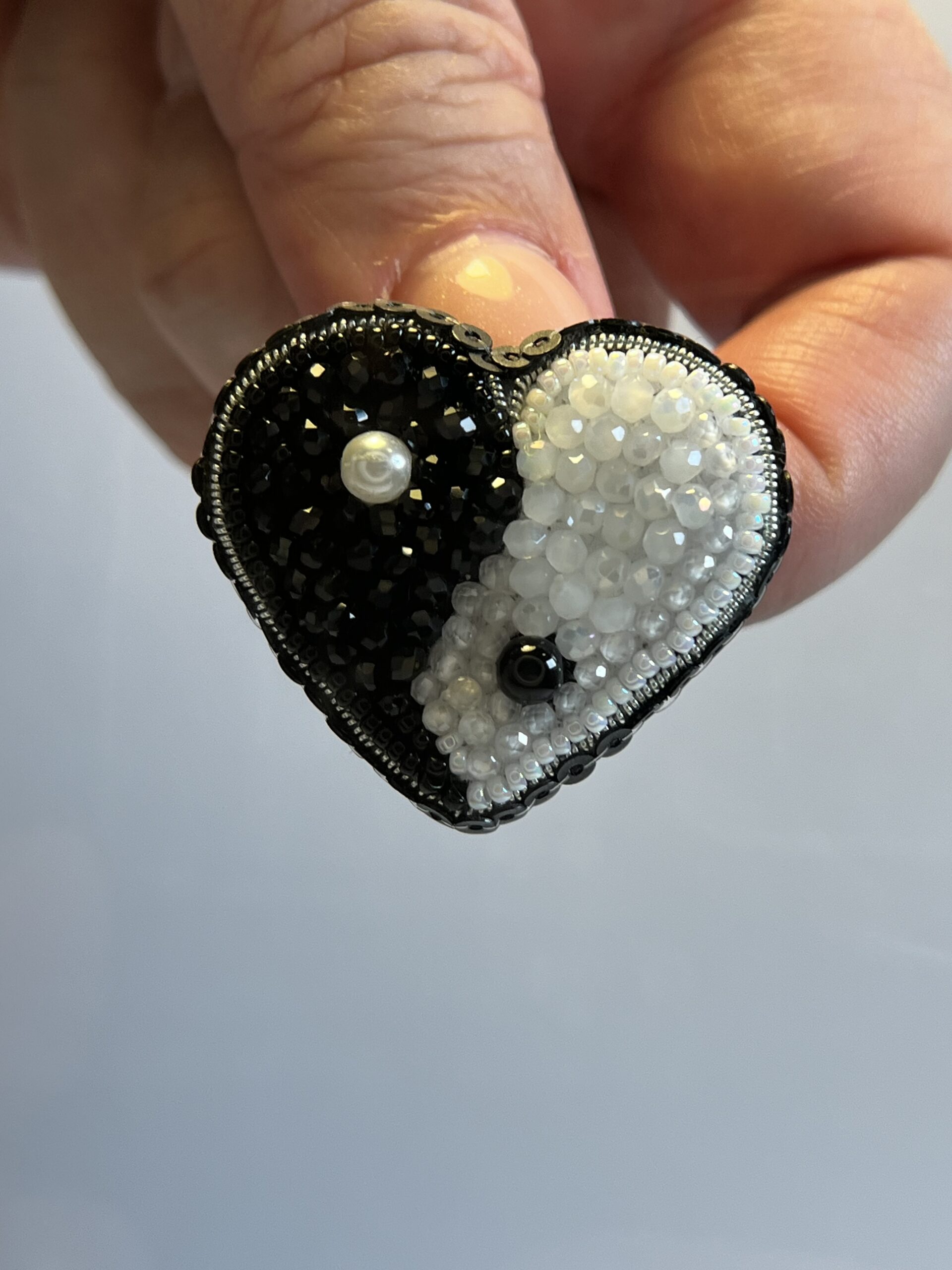 Yin Yang Heart Brooch Black White Small, Balance Heart Pin Crystal Bead, Handmade Zen Harmony Jewelry, Spiritual Gift - Image 3