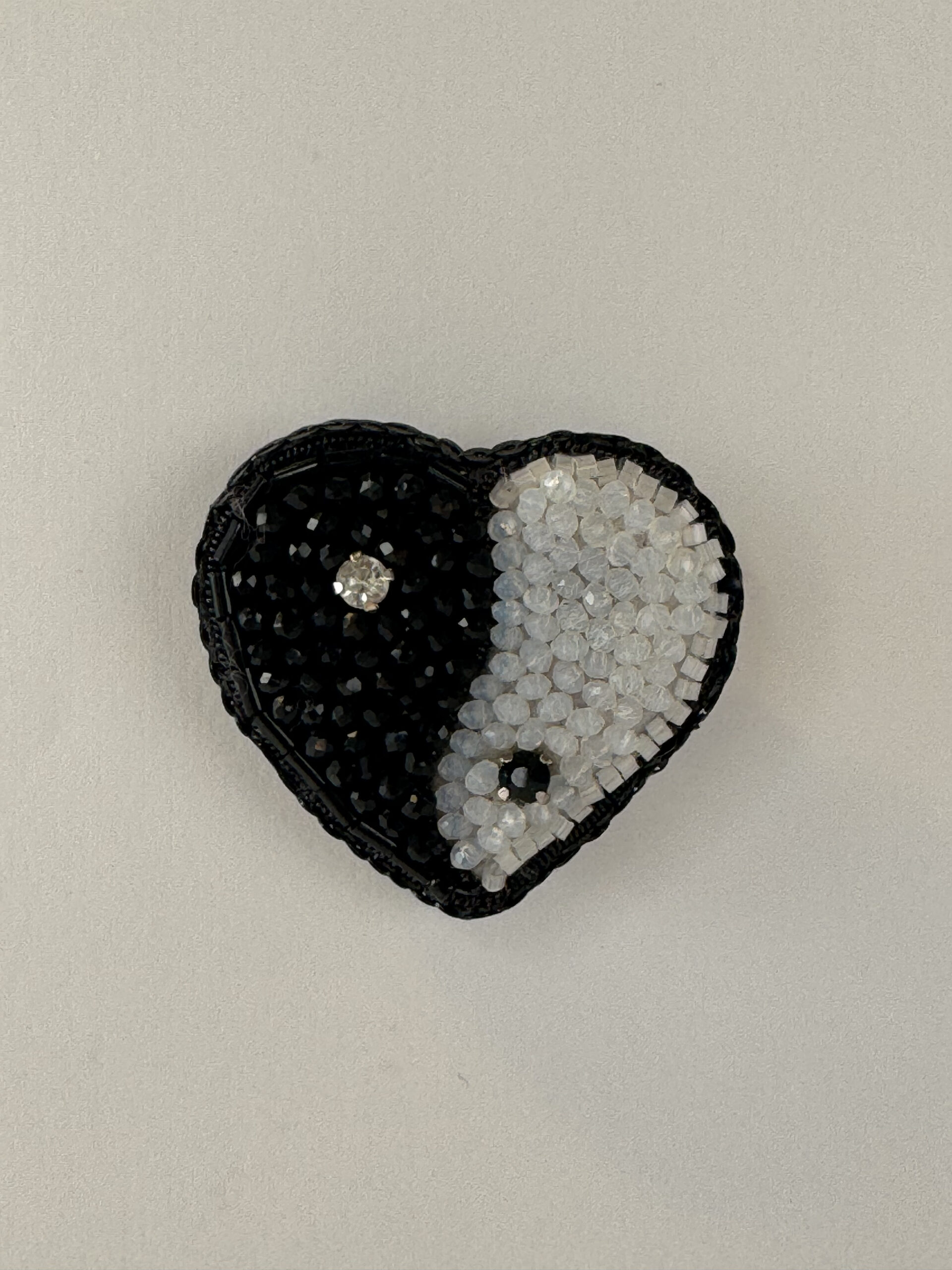 Yin Yang Heart Brooch, Duality Pin, Beaded Heart Jewelry, Monochrome Statement, Glass Bead Pin, Crystal Embellished, Unique Gift for Her, P.S. Jewelry - Image 13