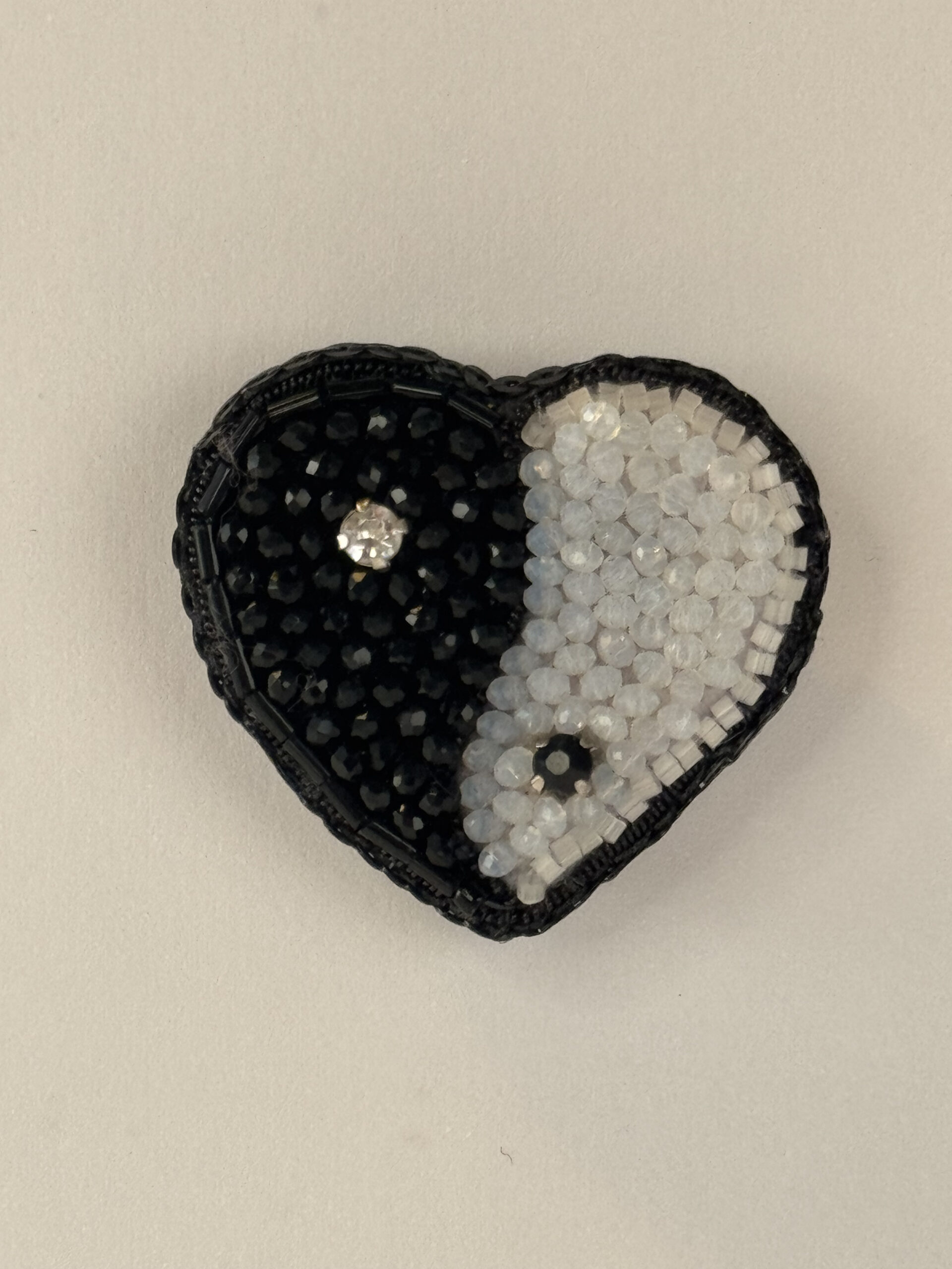 Yin Yang Heart Brooch, Duality Pin, Beaded Heart Jewelry, Monochrome Statement, Glass Bead Pin, Crystal Embellished, Unique Gift for Her, P.S. Jewelry - Image 14