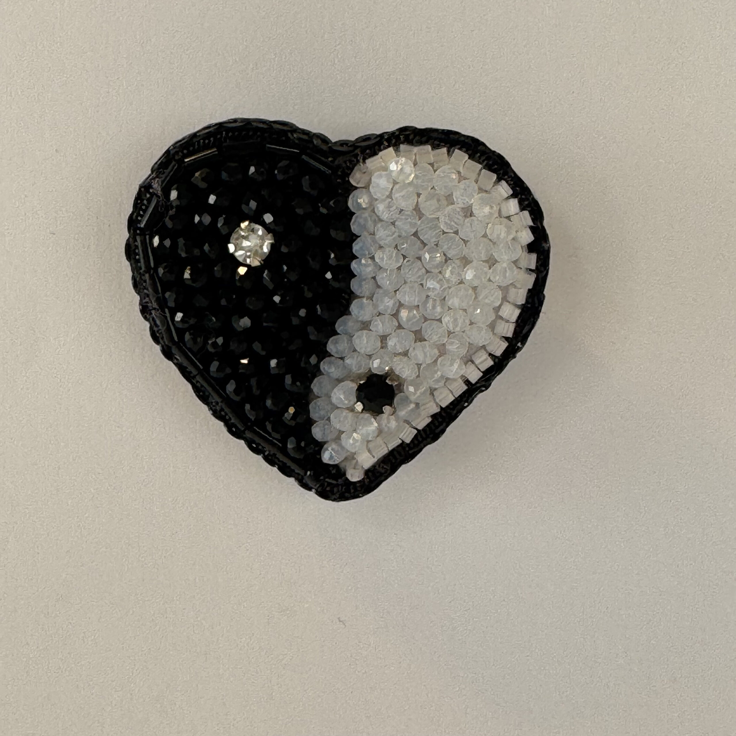 Yin Yang Heart Brooch, Duality Pin, Beaded Heart Jewelry, Monochrome Statement, Glass Bead Pin, Crystal Embellished, Unique Gift for Her, P.S. Jewelry - Image 3