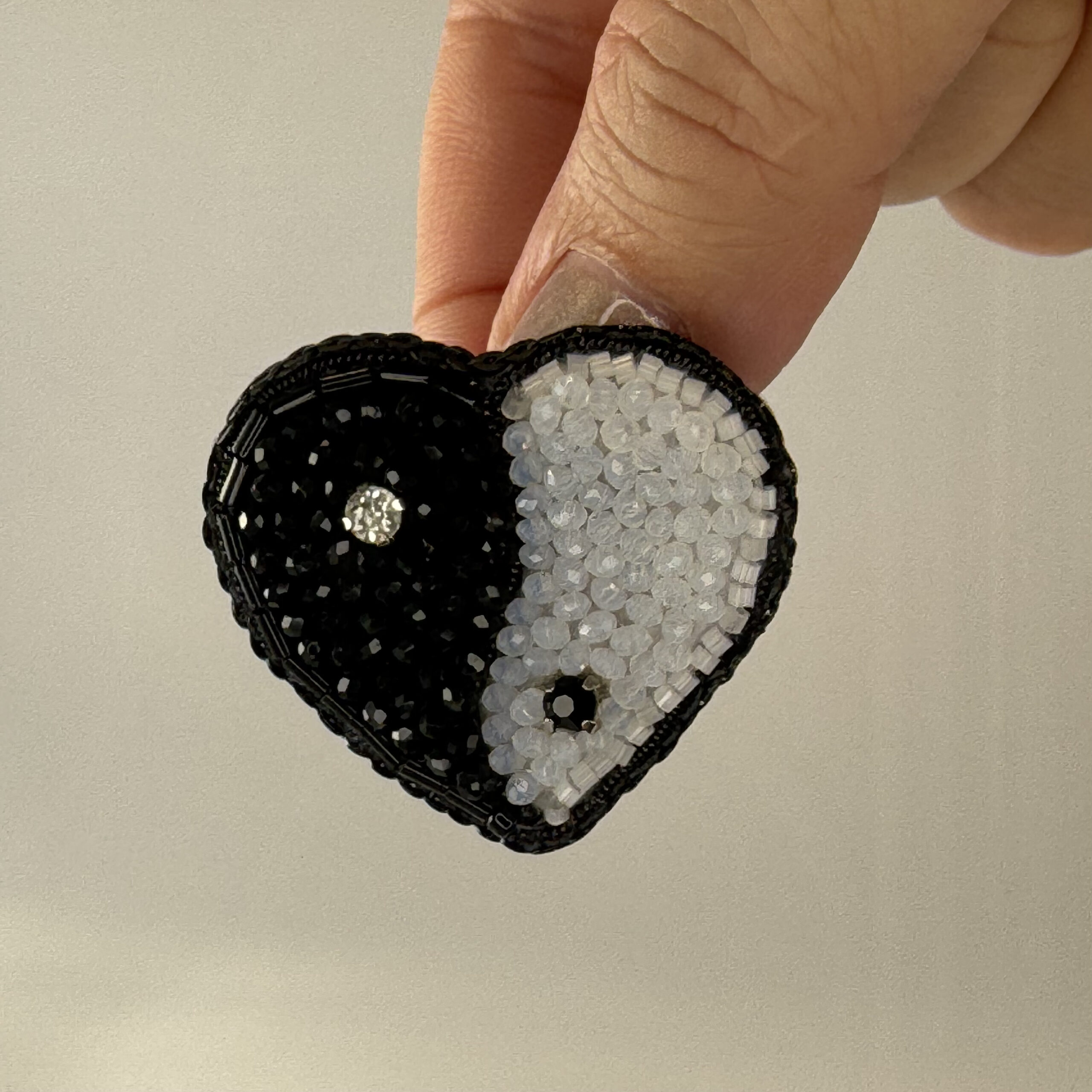 Yin Yang Heart Brooch, Duality Pin, Beaded Heart Jewelry, Monochrome Statement, Glass Bead Pin, Crystal Embellished, Unique Gift for Her, P.S. Jewelry - Image 6