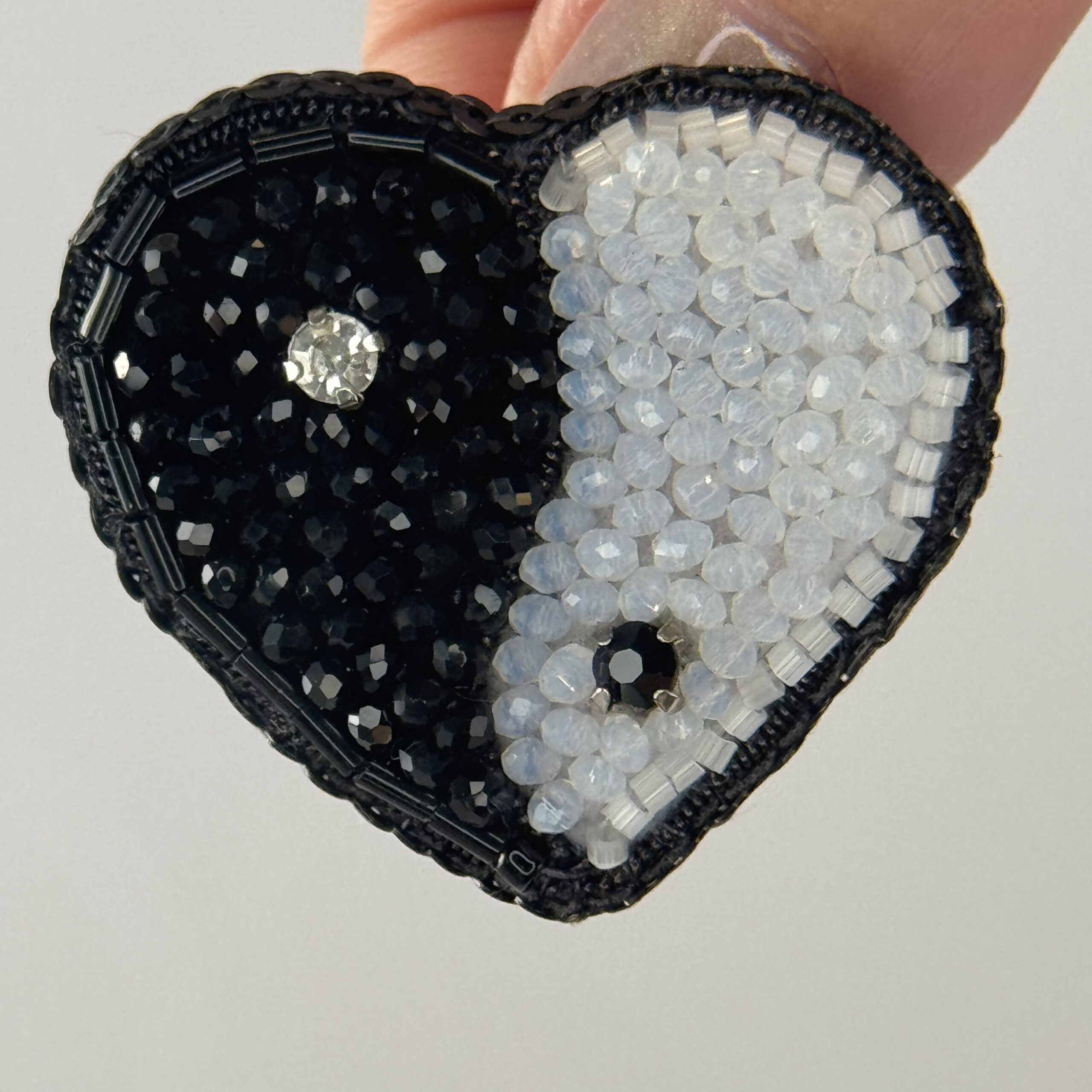 Yin Yang Heart Brooch, Duality Pin, Beaded Heart Jewelry, Monochrome Statement, Glass Bead Pin, Crystal Embellished, Unique Gift for Her, P.S. Jewelry - Image 7