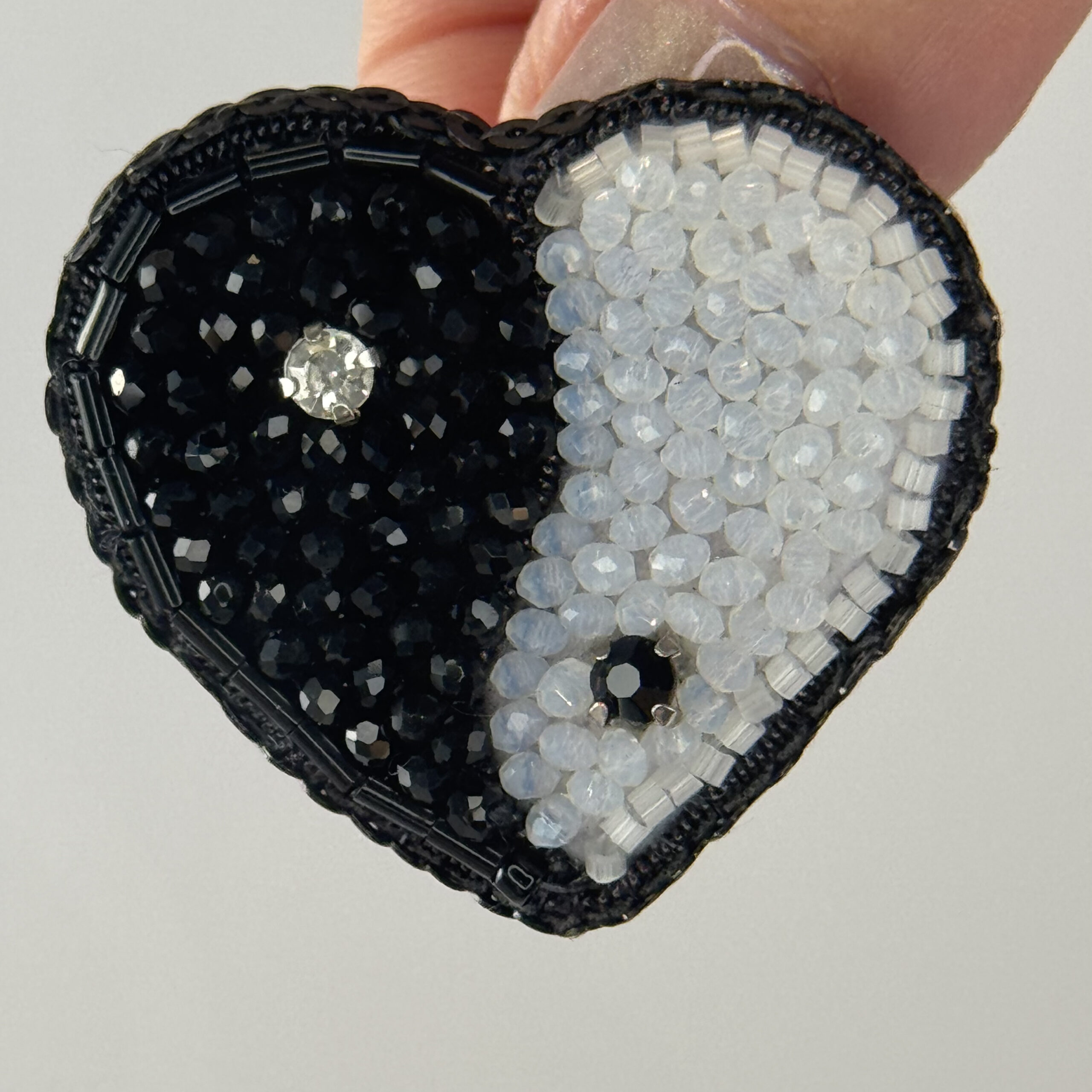 Yin Yang Heart Brooch, Duality Pin, Beaded Heart Jewelry, Monochrome Statement, Glass Bead Pin, Crystal Embellished, Unique Gift for Her, P.S. Jewelry - Image 8