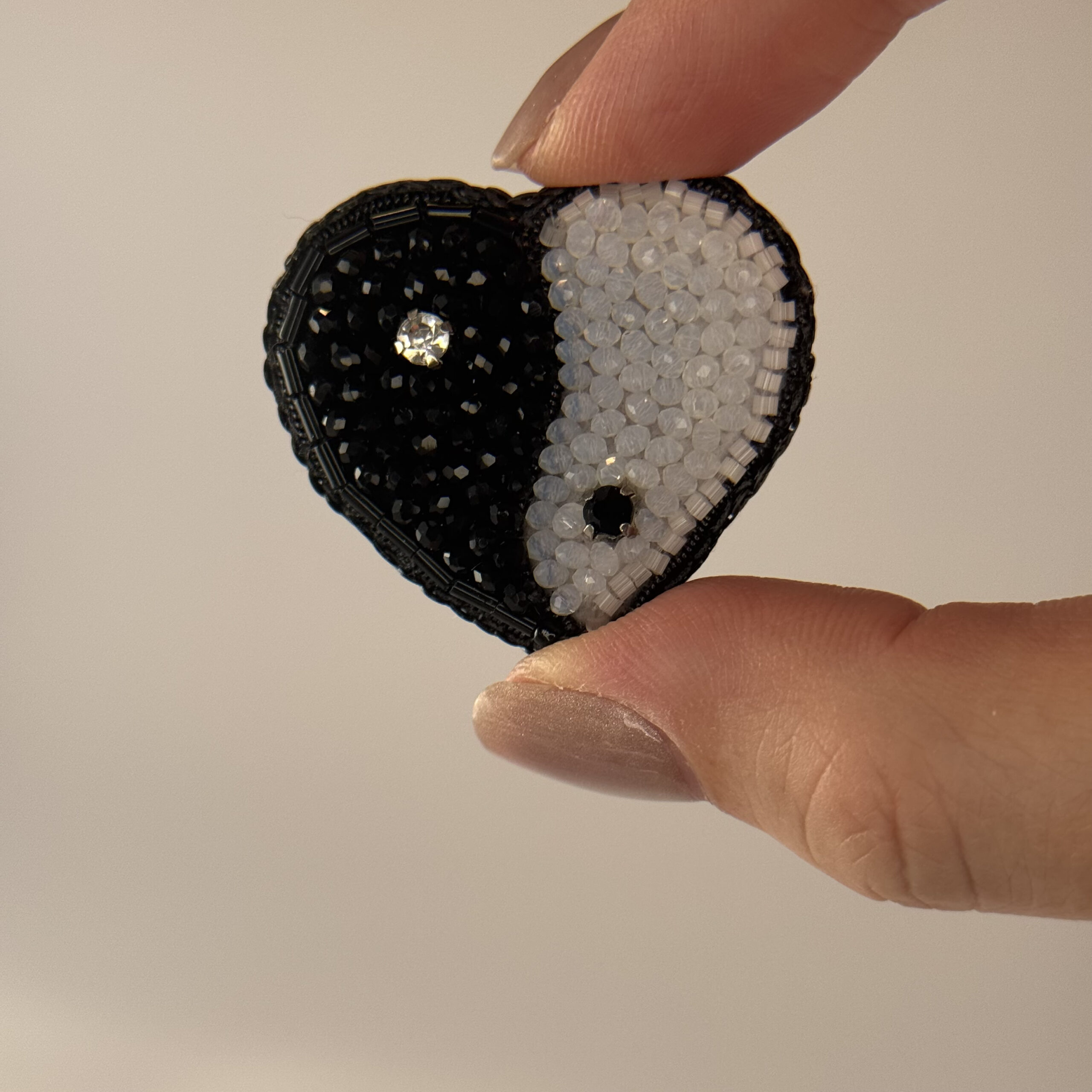 Yin Yang Heart Brooch, Duality Pin, Beaded Heart Jewelry, Monochrome Statement, Glass Bead Pin, Crystal Embellished, Unique Gift for Her, P.S. Jewelry - Image 9