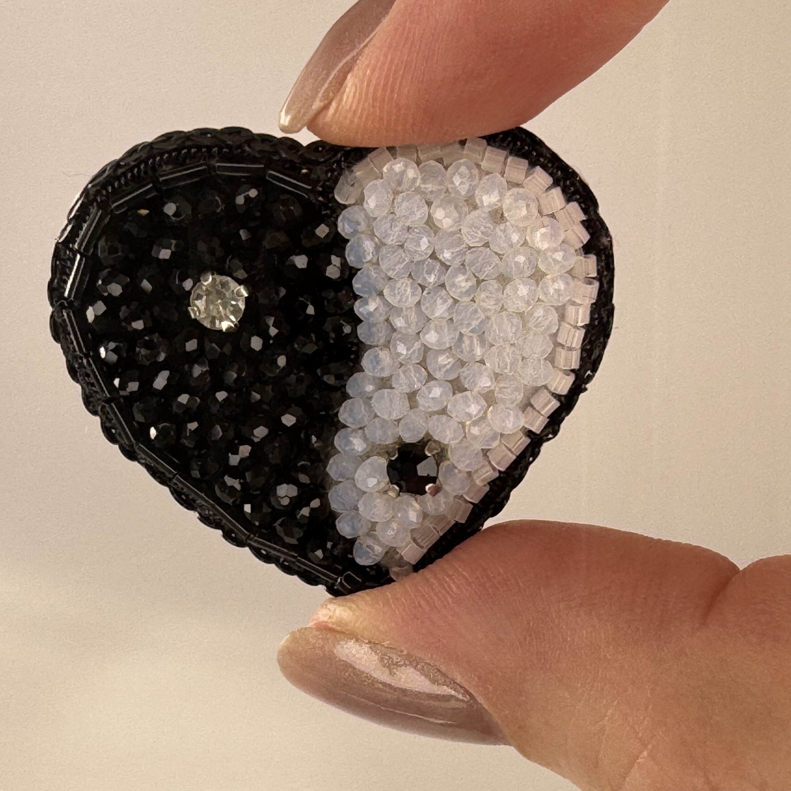 Yin Yang Heart Brooch, Duality Pin, Beaded Heart Jewelry, Monochrome Statement, Glass Bead Pin, Crystal Embellished, Unique Gift for Her, P.S. Jewelry - Image 10