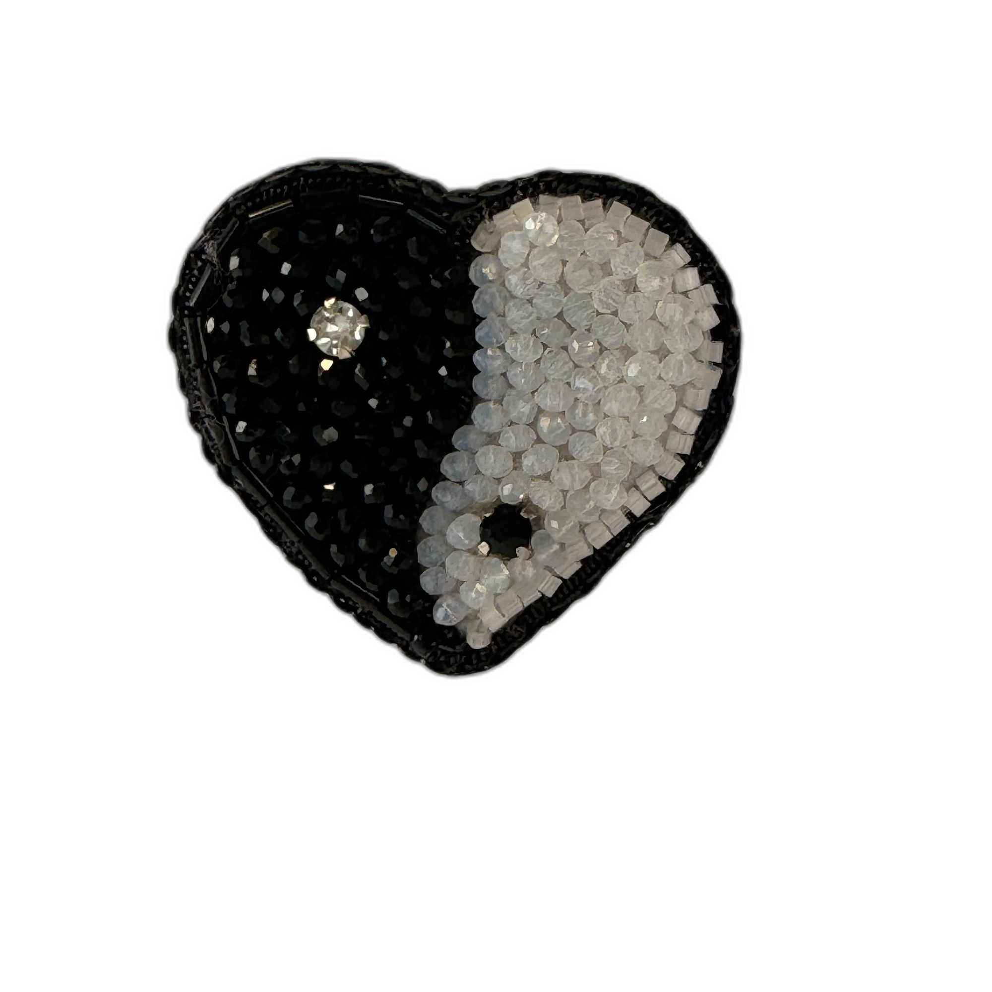 Yin Yang Heart Brooch, Duality Pin, Beaded Heart Jewelry, Monochrome Statement, Glass Bead Pin, Crystal Embellished, Unique Gift for Her, P.S. Jewelry - Image 2