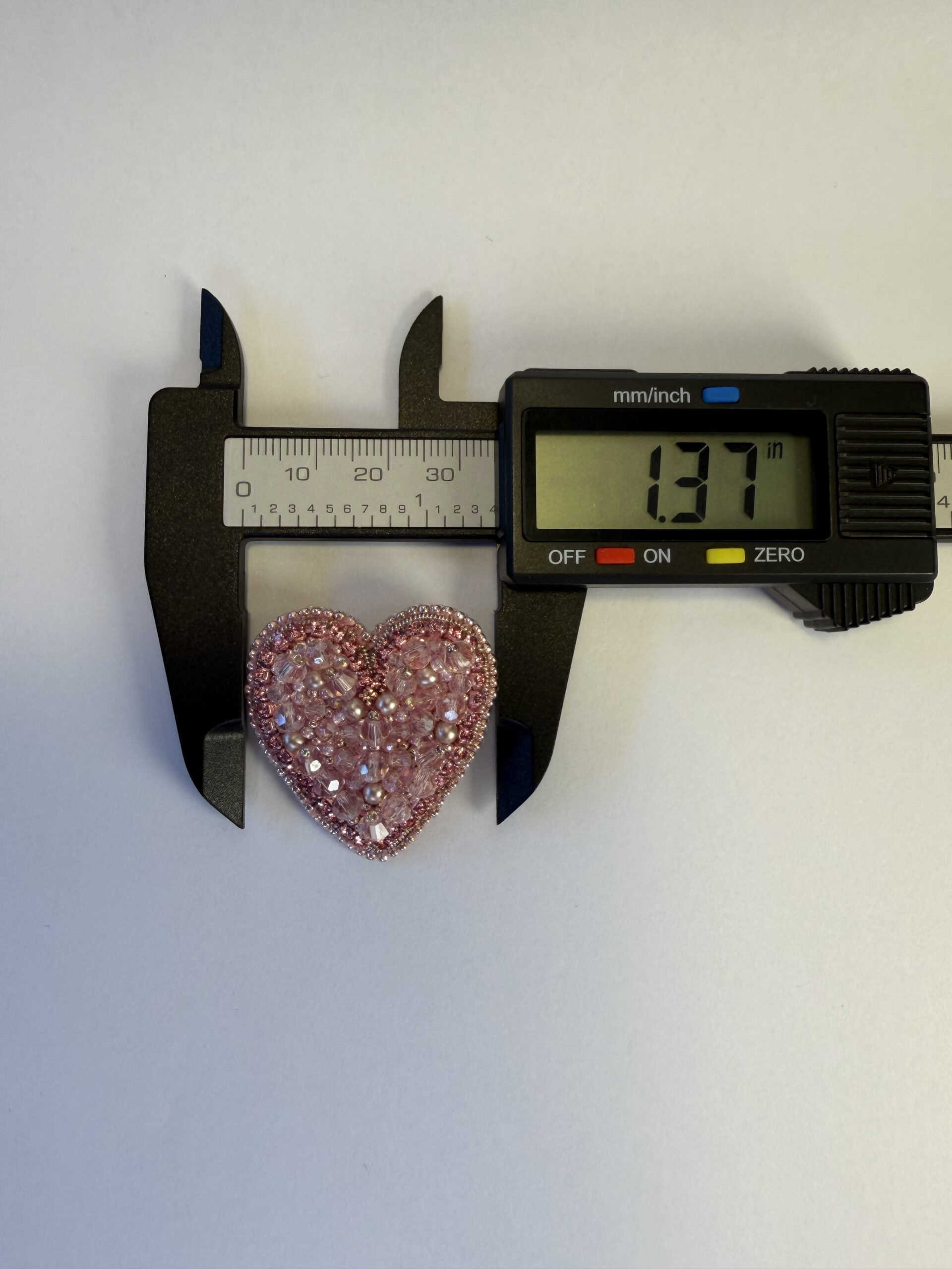 Small Pink Crystal Heart Brooch – Hand Embroidered Beaded Pin with Imitation Pearls — view 1