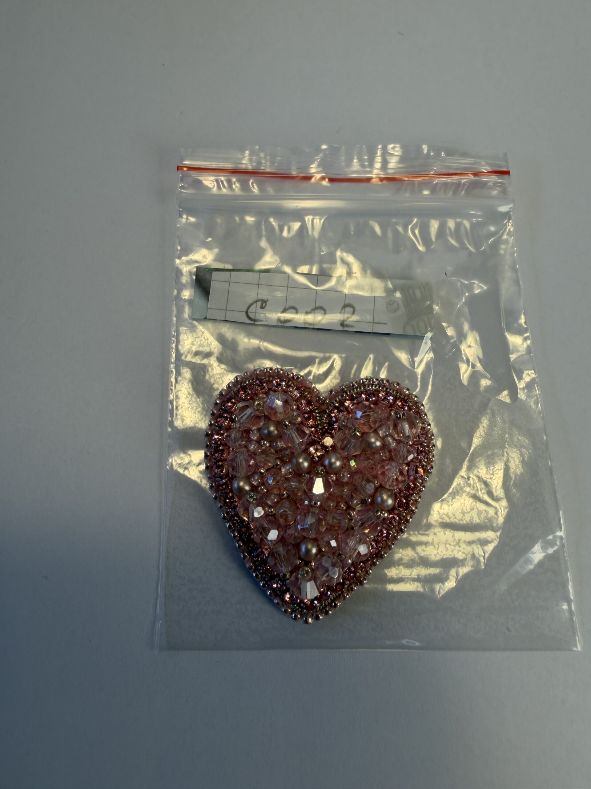 Small Pink Crystal Heart Brooch – Hand Embroidered Beaded Pin with Imitation Pearls — view 4