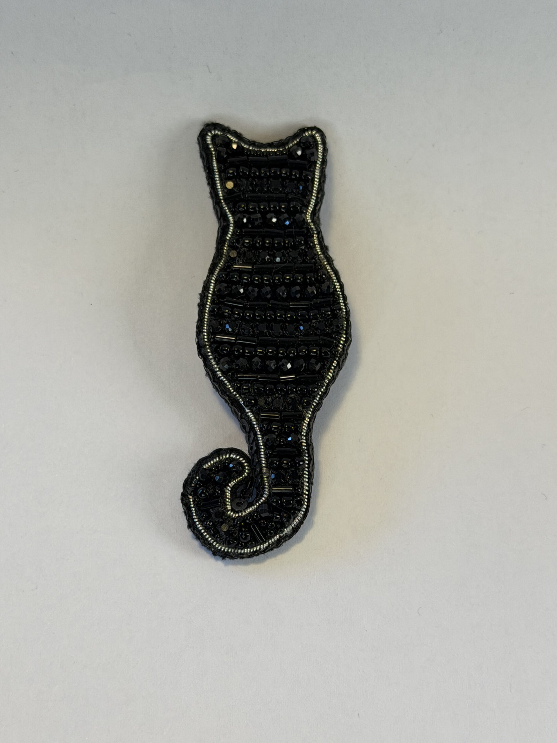 Black Cat Silhouette Brooch – Hand Embroidered Bugle Bead and Rhinestone Pin — view 5