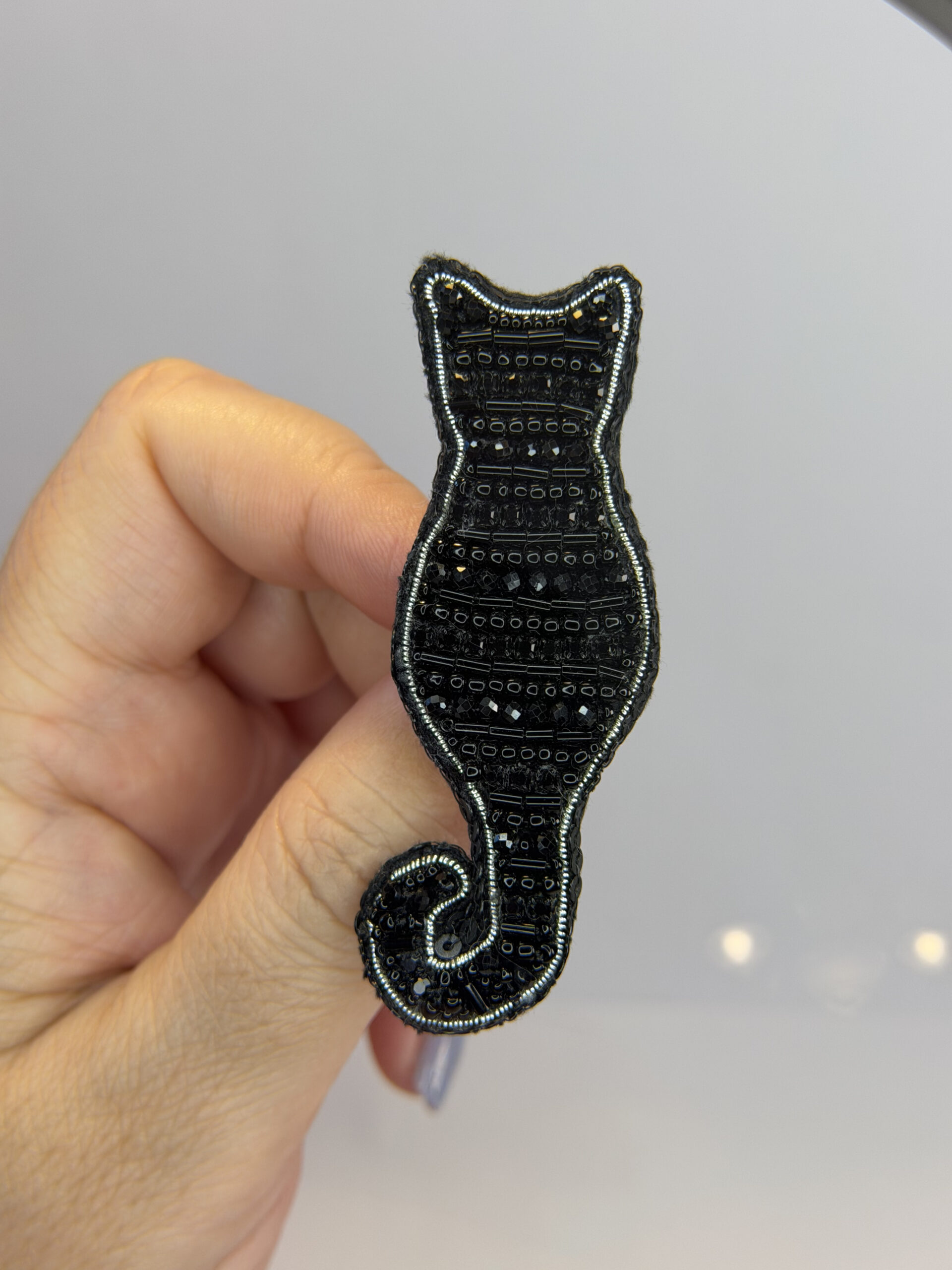 Black Cat Silhouette Brooch – Hand Embroidered Bugle Bead and Rhinestone Pin — view 6