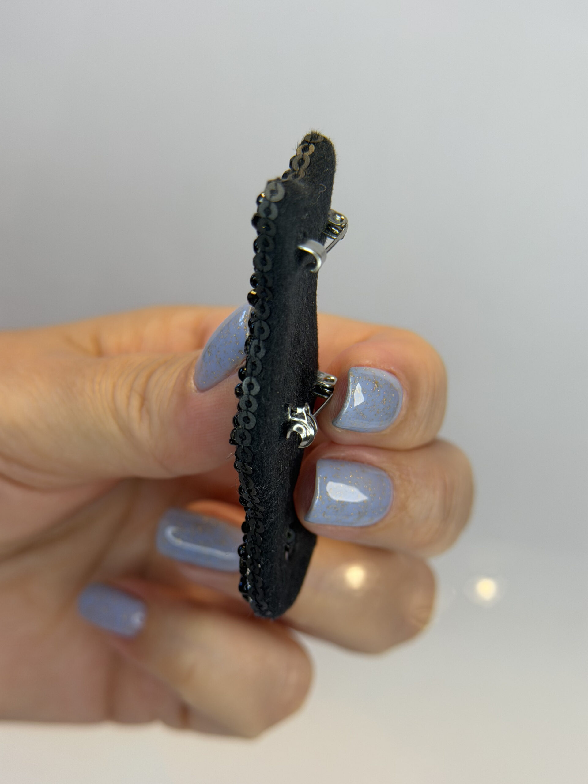Black Cat Silhouette Brooch – Hand Embroidered Bugle Bead and Rhinestone Pin — view 9
