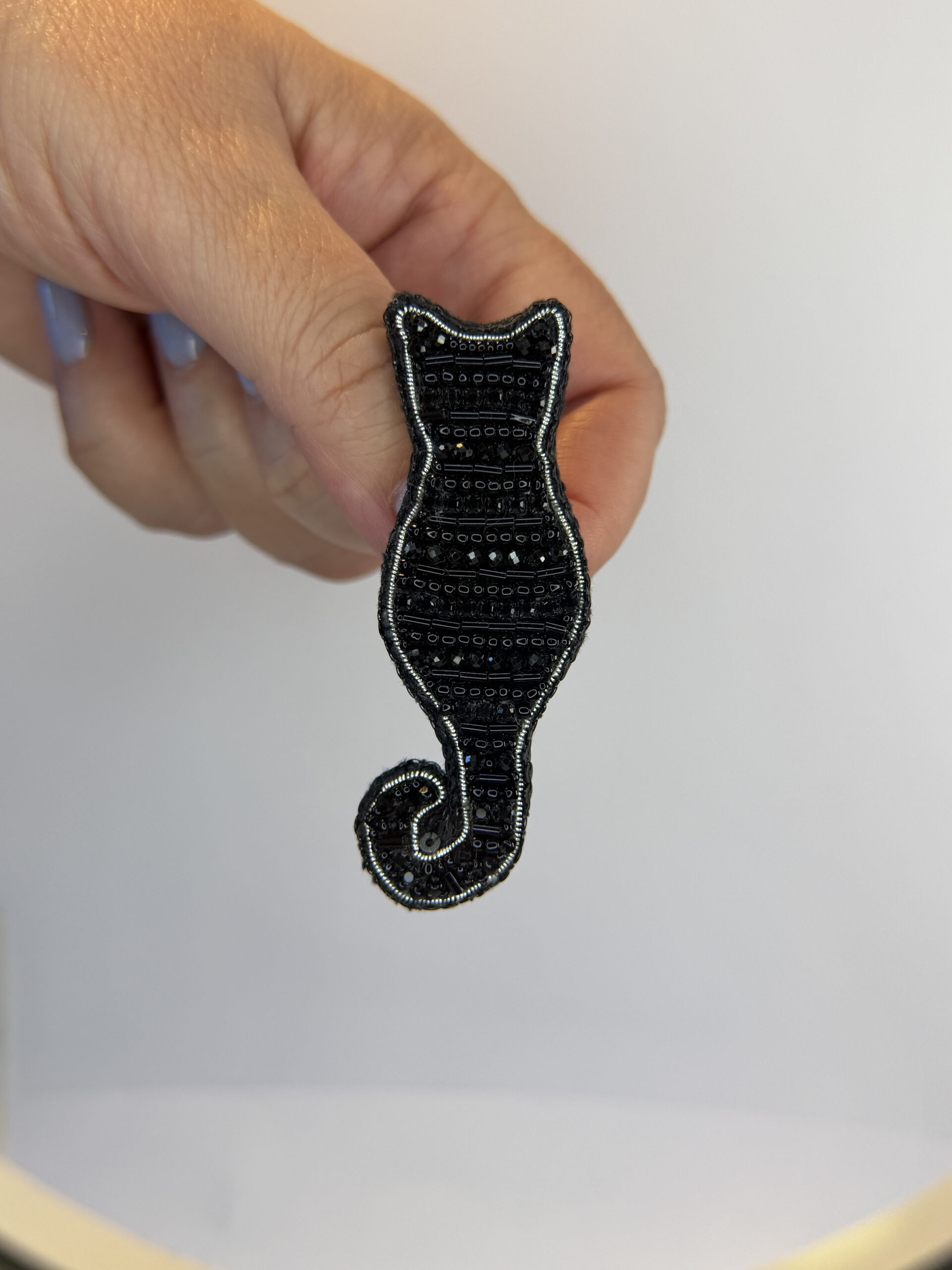 Black Cat Silhouette Brooch – Hand Embroidered Bugle Bead and Rhinestone Pin — view 10